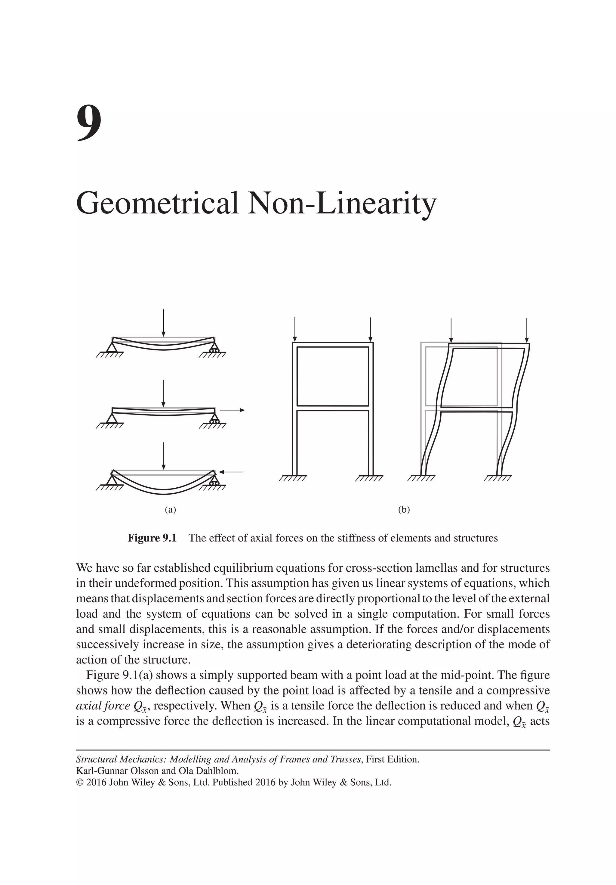 9
Geometrical Non-Linearity
(a) (b)
Figure 9.1 The effect of axial forces on the stiffness of elements and structures
We have so far established equilibrium equations for cross-section lamellas and for structures
in their undeformed position. This assumption has given us linear systems of equations, which
means that displacements and section forces are directly proportionalto the level of the external
load and the system of equations can be solved in a single computation. For small forces
and small displacements, this is a reasonable assumption. If the forces and/or displacements
successively increase in size, the assumption gives a deteriorating description of the mode of
action of the structure.
Figure 9.1(a) shows a simply supported beam with a point load at the mid-point. The figure
shows how the deflection caused by the point load is affected by a tensile and a compressive
axial force Q̄
x, respectively. When Q̄
x is a tensile force the deflection is reduced and when Q̄
x
is a compressive force the deflection is increased. In the linear computational model, Q̄
x acts
Structural Mechanics: Modelling and Analysis of Frames and Trusses, First Edition.
Karl-Gunnar Olsson and Ola Dahlblom.
© 2016 John Wiley & Sons, Ltd. Published 2016 by John Wiley & Sons, Ltd.
 