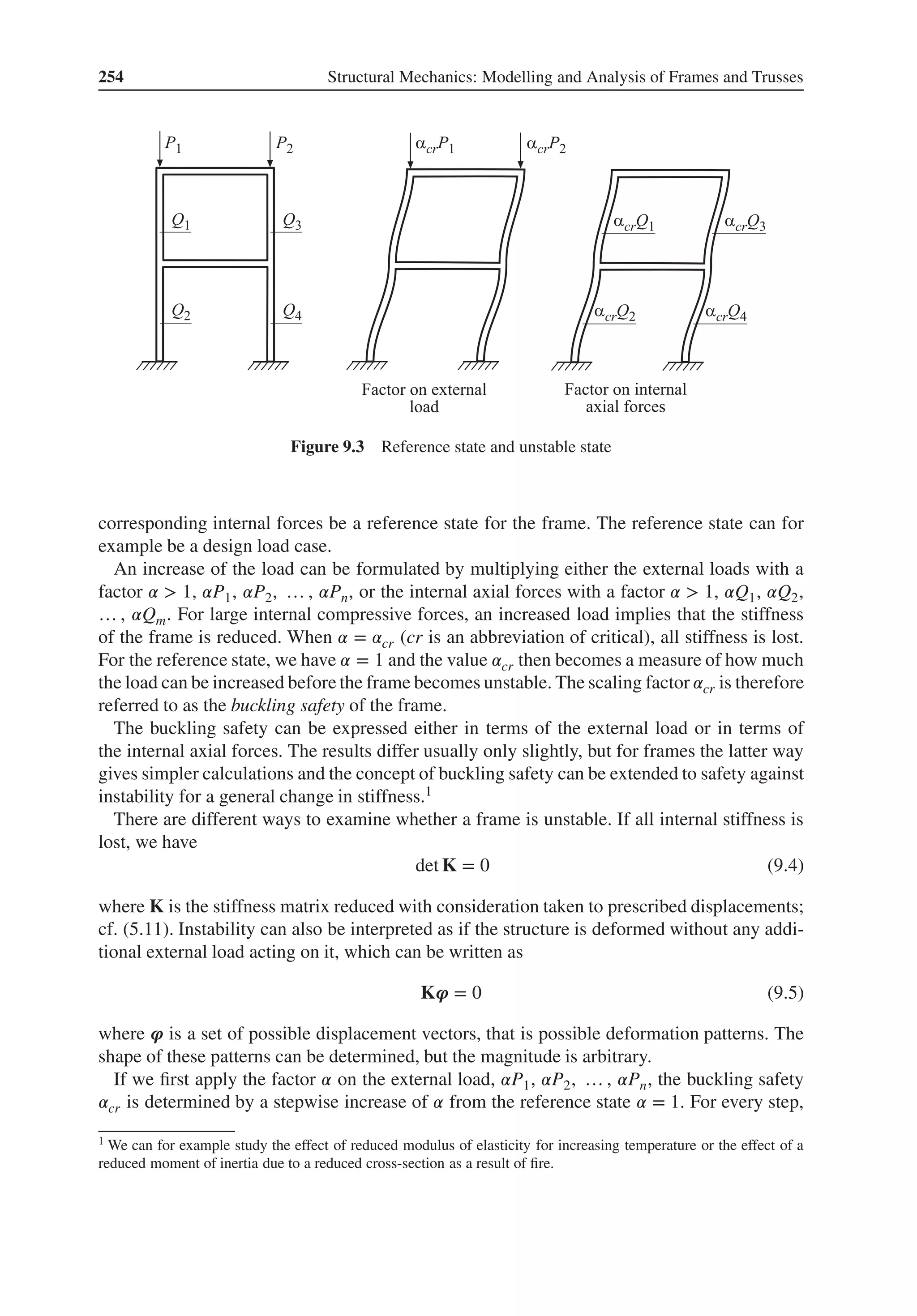 254 Structural Mechanics: Modelling and Analysis of Frames and Trusses
Figure 9.3 Reference state and unstable state
corresponding internal forces be a reference state for the frame. The reference state can for
example be a design load case.
An increase of the load can be formulated by multiplying either the external loads with a
factor 𝛼 > 1, 𝛼P1, 𝛼P2, … , 𝛼Pn, or the internal axial forces with a factor 𝛼 > 1, 𝛼Q1, 𝛼Q2,
… , 𝛼Qm. For large internal compressive forces, an increased load implies that the stiffness
of the frame is reduced. When 𝛼 = 𝛼cr (cr is an abbreviation of critical), all stiffness is lost.
For the reference state, we have 𝛼 = 1 and the value 𝛼cr then becomes a measure of how much
the load can be increased before the frame becomes unstable. The scaling factor 𝛼cr is therefore
referred to as the buckling safety of the frame.
The buckling safety can be expressed either in terms of the external load or in terms of
the internal axial forces. The results differ usually only slightly, but for frames the latter way
gives simpler calculations and the concept of buckling safety can be extended to safety against
instability for a general change in stiffness.1
There are different ways to examine whether a frame is unstable. If all internal stiffness is
lost, we have
det K = 0 (9.4)
where K is the stiffness matrix reduced with consideration taken to prescribed displacements;
cf. (5.11). Instability can also be interpreted as if the structure is deformed without any addi-
tional external load acting on it, which can be written as
K𝝋 = 0 (9.5)
where 𝝋 is a set of possible displacement vectors, that is possible deformation patterns. The
shape of these patterns can be determined, but the magnitude is arbitrary.
If we first apply the factor 𝛼 on the external load, 𝛼P1, 𝛼P2, … , 𝛼Pn, the buckling safety
𝛼cr is determined by a stepwise increase of 𝛼 from the reference state 𝛼 = 1. For every step,
1 We can for example study the effect of reduced modulus of elasticity for increasing temperature or the effect of a
reduced moment of inertia due to a reduced cross-section as a result of fire.
 