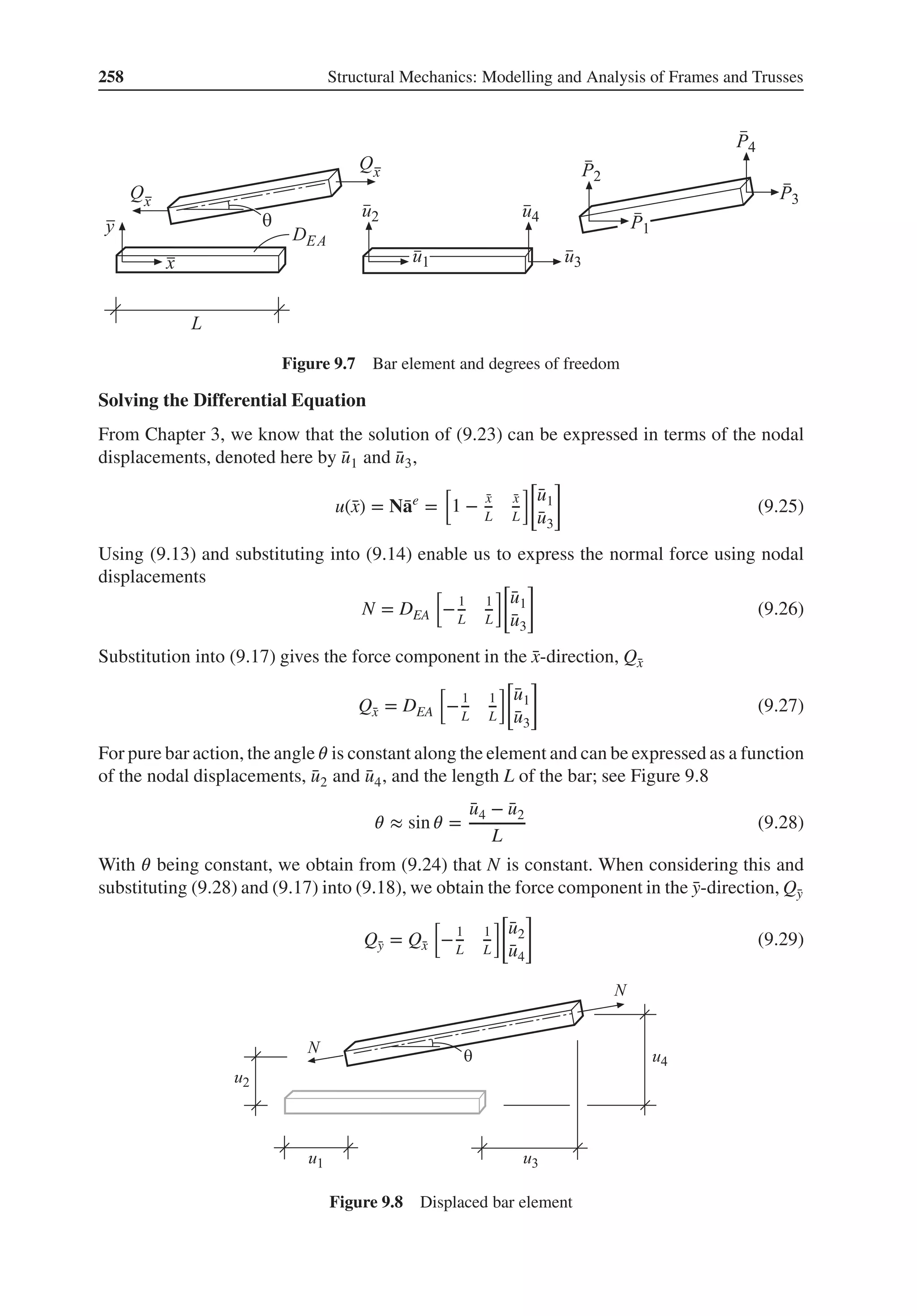 258 Structural Mechanics: Modelling and Analysis of Frames and Trusses
Figure 9.7 Bar element and degrees of freedom
Solving the Differential Equation
From Chapter 3, we know that the solution of (9.23) can be expressed in terms of the nodal
displacements, denoted here by ̄
u1 and ̄
u3,
u(̄
x) = N̄
ae
=
[
1 − ̄
x
L
̄
x
L
][
̄
u1
̄
u3
]
(9.25)
Using (9.13) and substituting into (9.14) enable us to express the normal force using nodal
displacements
N = DEA
[
−1
L
1
L
][
̄
u1
̄
u3
]
(9.26)
Substitution into (9.17) gives the force component in the ̄
x-direction, Q̄
x
Q̄
x = DEA
[
−1
L
1
L
][
̄
u1
̄
u3
]
(9.27)
For pure bar action, the angle 𝜃 is constant along the element and can be expressed as a function
of the nodal displacements, ̄
u2 and ̄
u4, and the length L of the bar; see Figure 9.8
𝜃 ≈ sin 𝜃 =
̄
u4 − ̄
u2
L
(9.28)
With 𝜃 being constant, we obtain from (9.24) that N is constant. When considering this and
substituting (9.28) and (9.17) into (9.18), we obtain the force component in the ̄
y-direction, Q̄
y
Q̄
y = Q̄
x
[
−1
L
1
L
][
̄
u2
̄
u4
]
(9.29)
Figure 9.8 Displaced bar element
 