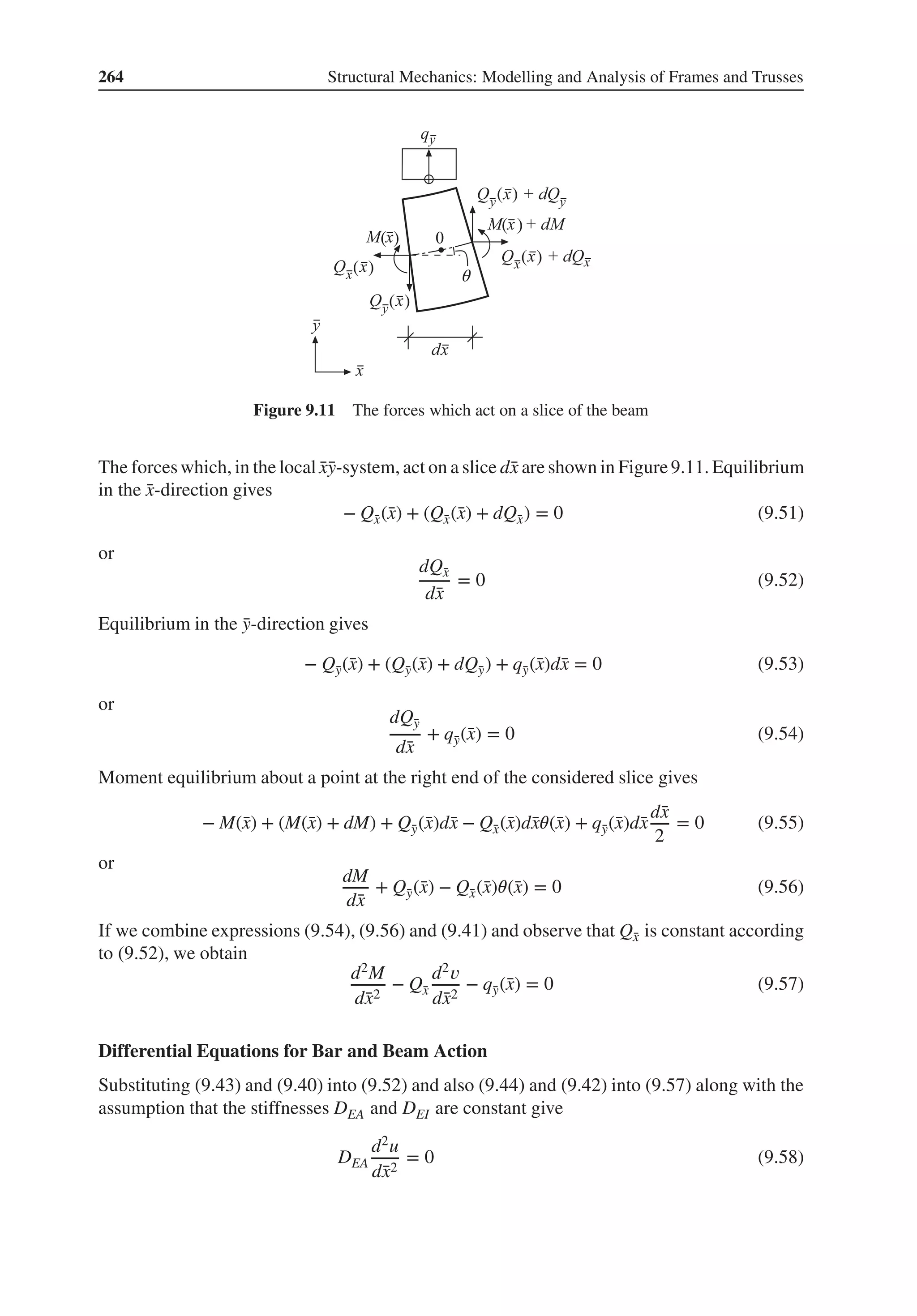 264 Structural Mechanics: Modelling and Analysis of Frames and Trusses
( )
( )
( )
( )
( )
( )
θ
Figure 9.11 The forces which act on a slice of the beam
The forceswhich, in the local ̄
x̄
y-system, act on a slice d̄
x are shown in Figure9.11. Equilibrium
in the ̄
x-direction gives
− Q̄
x(̄
x) + (Q̄
x(̄
x) + dQ̄
x) = 0 (9.51)
or
dQ̄
x
d̄
x
= 0 (9.52)
Equilibrium in the ̄
y-direction gives
− Q̄
y(̄
x) + (Q̄
y(̄
x) + dQ̄
y) + q̄
y(̄
x)d̄
x = 0 (9.53)
or
dQ̄
y
d̄
x
+ q̄
y(̄
x) = 0 (9.54)
Moment equilibrium about a point at the right end of the considered slice gives
− M(̄
x) + (M(̄
x) + dM) + Q̄
y(̄
x)d̄
x − Q̄
x(̄
x)d̄
x𝜃(̄
x) + q̄
y(̄
x)d̄
x
d̄
x
2
= 0 (9.55)
or
dM
d̄
x
+ Q̄
y(̄
x) − Q̄
x(̄
x)𝜃(̄
x) = 0 (9.56)
If we combine expressions (9.54), (9.56) and (9.41) and observe that Q̄
x is constant according
to (9.52), we obtain
d2M
d̄
x2
− Q̄
x
d2𝑣
d̄
x2
− q̄
y(̄
x) = 0 (9.57)
Differential Equations for Bar and Beam Action
Substituting (9.43) and (9.40) into (9.52) and also (9.44) and (9.42) into (9.57) along with the
assumption that the stiffnesses DEA and DEI are constant give
DEA
d2u
d̄
x2
= 0 (9.58)
 