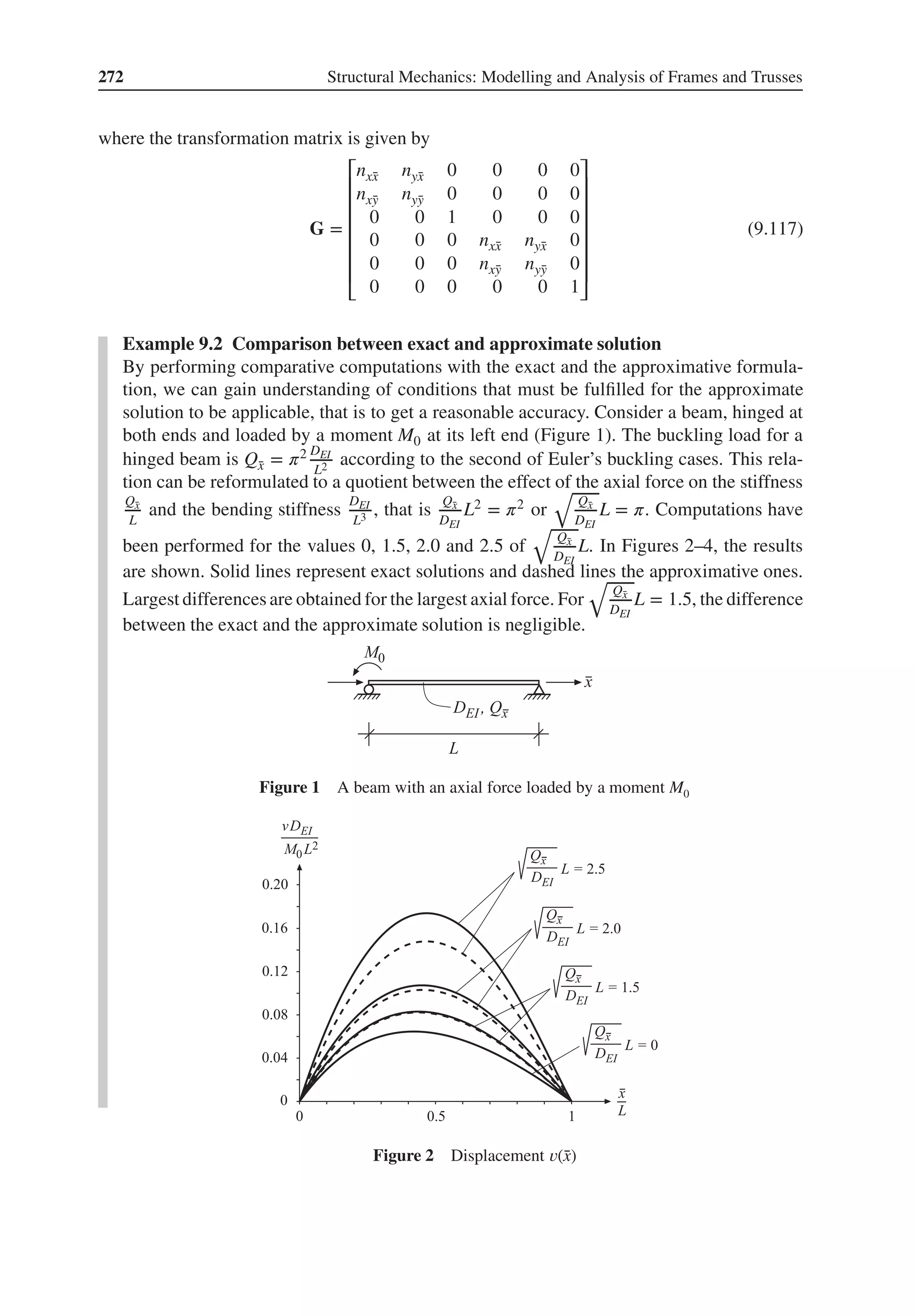 272 Structural Mechanics: Modelling and Analysis of Frames and Trusses
where the transformation matrix is given by
G =
⎡
⎢
⎢
⎢
⎢
⎢
⎢
⎣
nx̄
x nȳ
x 0 0 0 0
nx̄
y nȳ
y 0 0 0 0
0 0 1 0 0 0
0 0 0 nx̄
x nȳ
x 0
0 0 0 nx̄
y nȳ
y 0
0 0 0 0 0 1
⎤
⎥
⎥
⎥
⎥
⎥
⎥
⎦
(9.117)
Example 9.2 Comparison between exact and approximate solution
By performing comparative computations with the exact and the approximative formula-
tion, we can gain understanding of conditions that must be fulfilled for the approximate
solution to be applicable, that is to get a reasonable accuracy. Consider a beam, hinged at
both ends and loaded by a moment M0 at its left end (Figure 1). The buckling load for a
hinged beam is Q̄
x = 𝜋2 DEI
L2 according to the second of Euler’s buckling cases. This rela-
tion can be reformulated to a quotient between the effect of the axial force on the stiffness
Q̄
x
L
and the bending stiffness
DEI
L3 , that is
Q̄
x
DEI
L2 = 𝜋2 or
√
Q̄
x
DEI
L = 𝜋. Computations have
been performed for the values 0, 1.5, 2.0 and 2.5 of
√
Q̄
x
DEI
L. In Figures 2–4, the results
are shown. Solid lines represent exact solutions and dashed lines the approximative ones.
Largest differences are obtained for the largest axial force. For
√
Q̄
x
DEI
L = 1.5, the difference
between the exact and the approximate solution is negligible.
Figure 1 A beam with an axial force loaded by a moment M0
Figure 2 Displacement 𝑣(̄
x)
 