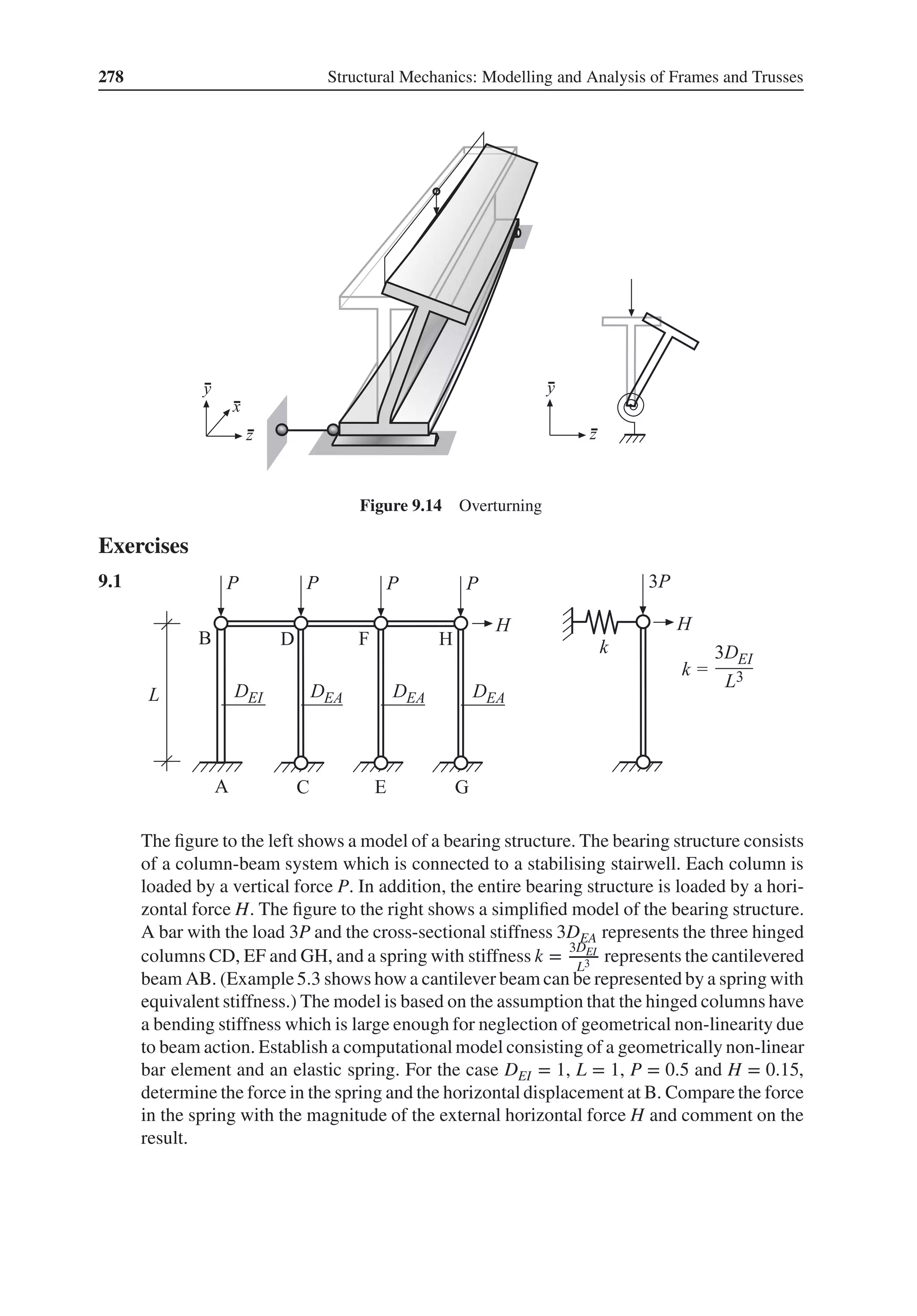 278 Structural Mechanics: Modelling and Analysis of Frames and Trusses
Figure 9.14 Overturning
Exercises
9.1 .
The figure to the left shows a model of a bearing structure. The bearing structure consists
of a column-beam system which is connected to a stabilising stairwell. Each column is
loaded by a vertical force P. In addition, the entire bearing structure is loaded by a hori-
zontal force H. The figure to the right shows a simplified model of the bearing structure.
A bar with the load 3P and the cross-sectional stiffness 3DEA represents the three hinged
columns CD, EF and GH, and a spring with stiffness k =
3DEI
L3 represents the cantilevered
beam AB. (Example5.3 shows how a cantilever beam can be represented by a spring with
equivalent stiffness.) The model is based on the assumption that the hinged columns have
a bending stiffness which is large enough for neglection of geometrical non-linearity due
to beam action. Establish a computational model consisting of a geometrically non-linear
bar element and an elastic spring. For the case DEI = 1, L = 1, P = 0.5 and H = 0.15,
determine the force in the spring and the horizontal displacement at B. Compare the force
in the spring with the magnitude of the external horizontal force H and comment on the
result.
 