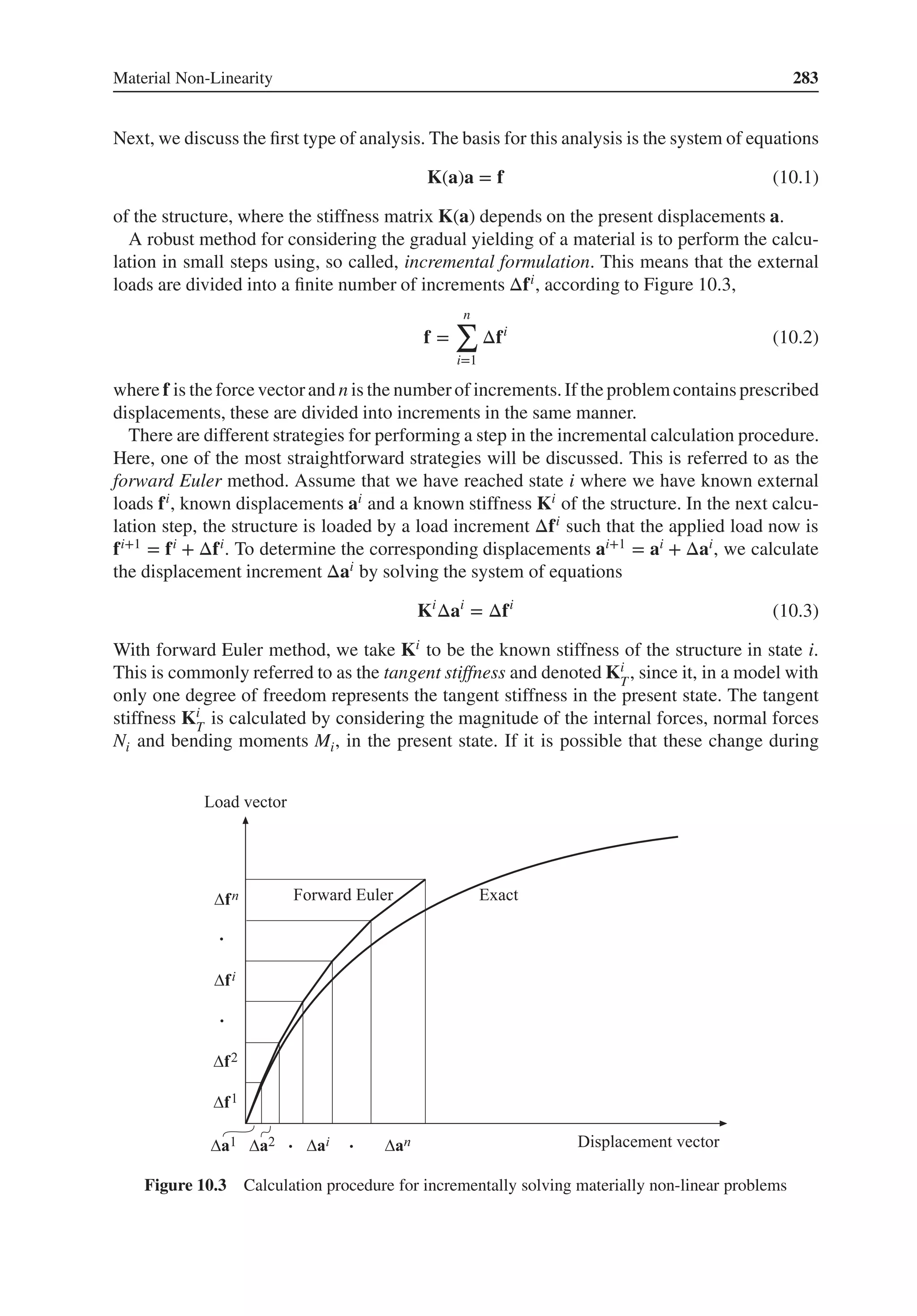 Material Non-Linearity 283
Next, we discuss the first type of analysis. The basis for this analysis is the system of equations
K(a)a = f (10.1)
of the structure, where the stiffness matrix K(a) depends on the present displacements a.
A robust method for considering the gradual yielding of a material is to perform the calcu-
lation in small steps using, so called, incremental formulation. This means that the external
loads are divided into a finite number of increments Δfi, according to Figure 10.3,
f =
n
∑
i=1
Δfi
(10.2)
where f is the force vectorand n is the numberof increments.If the problemcontains prescribed
displacements, these are divided into increments in the same manner.
There are different strategies for performing a step in the incremental calculation procedure.
Here, one of the most straightforward strategies will be discussed. This is referred to as the
forward Euler method. Assume that we have reached state i where we have known external
loads fi, known displacements ai and a known stiffness Ki of the structure. In the next calcu-
lation step, the structure is loaded by a load increment Δfi such that the applied load now is
fi+1 = fi + Δfi. To determine the corresponding displacements ai+1 = ai + Δai, we calculate
the displacement increment Δai by solving the system of equations
Ki
Δai
= Δfi
(10.3)
With forward Euler method, we take Ki to be the known stiffness of the structure in state i.
This is commonly referred to as the tangent stiffness and denoted Ki
T
, since it, in a model with
only one degree of freedom represents the tangent stiffness in the present state. The tangent
stiffness Ki
T
is calculated by considering the magnitude of the internal forces, normal forces
Ni and bending moments Mi, in the present state. If it is possible that these change during
Figure 10.3 Calculation procedure for incrementally solving materially non-linear problems
 