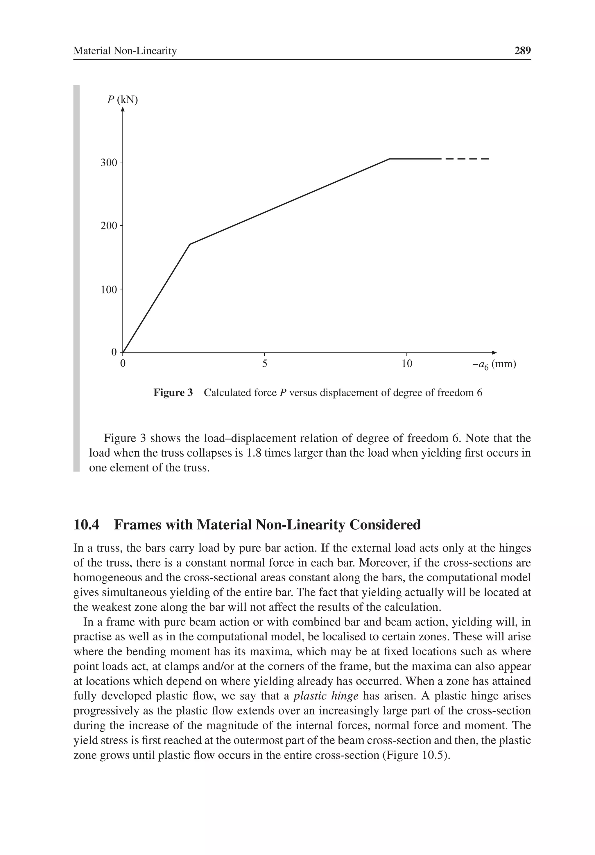 Material Non-Linearity 289
Figure 3 Calculated force P versus displacement of degree of freedom 6
Figure 3 shows the load–displacement relation of degree of freedom 6. Note that the
load when the truss collapses is 1.8 times larger than the load when yielding first occurs in
one element of the truss.
10.4 Frames with Material Non-Linearity Considered
In a truss, the bars carry load by pure bar action. If the external load acts only at the hinges
of the truss, there is a constant normal force in each bar. Moreover, if the cross-sections are
homogeneous and the cross-sectional areas constant along the bars, the computational model
gives simultaneous yielding of the entire bar. The fact that yielding actually will be located at
the weakest zone along the bar will not affect the results of the calculation.
In a frame with pure beam action or with combined bar and beam action, yielding will, in
practise as well as in the computational model, be localised to certain zones. These will arise
where the bending moment has its maxima, which may be at fixed locations such as where
point loads act, at clamps and/or at the corners of the frame, but the maxima can also appear
at locations which depend on where yielding already has occurred. When a zone has attained
fully developed plastic flow, we say that a plastic hinge has arisen. A plastic hinge arises
progressively as the plastic flow extends over an increasingly large part of the cross-section
during the increase of the magnitude of the internal forces, normal force and moment. The
yield stress is first reached at the outermost part of the beam cross-section and then, the plastic
zone grows until plastic flow occurs in the entire cross-section (Figure 10.5).
 