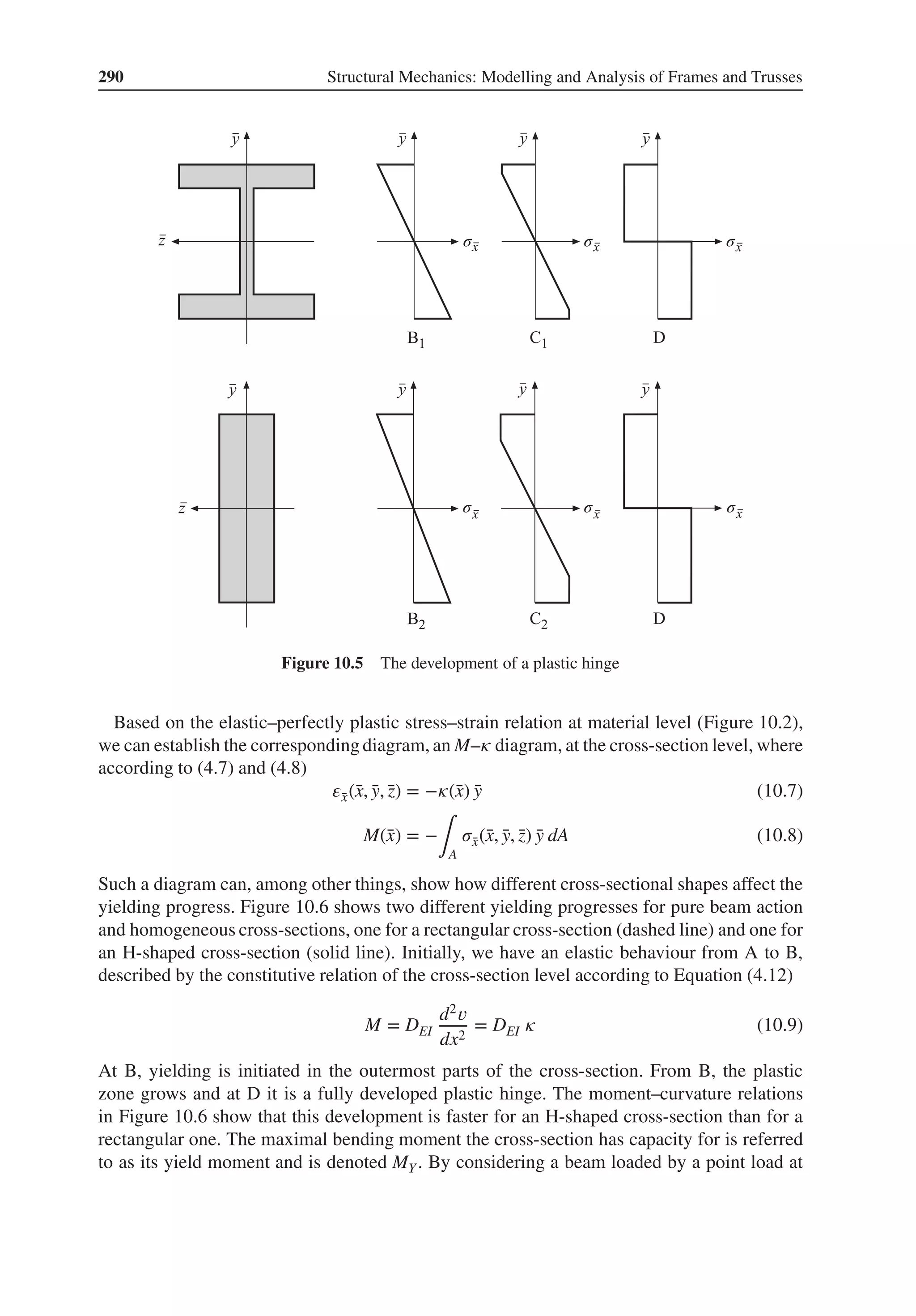 290 Structural Mechanics: Modelling and Analysis of Frames and Trusses
σ σ σ
σ
σ
σ
Figure 10.5 The development of a plastic hinge
Based on the elastic–perfectly plastic stress–strain relation at material level (Figure 10.2),
we can establish the corresponding diagram, an M–𝜅 diagram, at the cross-section level, where
according to (4.7) and (4.8)
𝜀̄
x(̄
x, ̄
y, ̄
z) = −𝜅(̄
x) ̄
y (10.7)
M(̄
x) = −
∫A
𝜎̄
x(̄
x, ̄
y, ̄
z) ̄
y dA (10.8)
Such a diagram can, among other things, show how different cross-sectional shapes affect the
yielding progress. Figure 10.6 shows two different yielding progresses for pure beam action
and homogeneous cross-sections, one for a rectangular cross-section (dashed line) and one for
an H-shaped cross-section (solid line). Initially, we have an elastic behaviour from A to B,
described by the constitutive relation of the cross-section level according to Equation (4.12)
M = DEI
d2𝑣
dx2
= DEI 𝜅 (10.9)
At B, yielding is initiated in the outermost parts of the cross-section. From B, the plastic
zone grows and at D it is a fully developed plastic hinge. The moment–curvature relations
in Figure 10.6 show that this development is faster for an H-shaped cross-section than for a
rectangular one. The maximal bending moment the cross-section has capacity for is referred
to as its yield moment and is denoted MY. By considering a beam loaded by a point load at
 