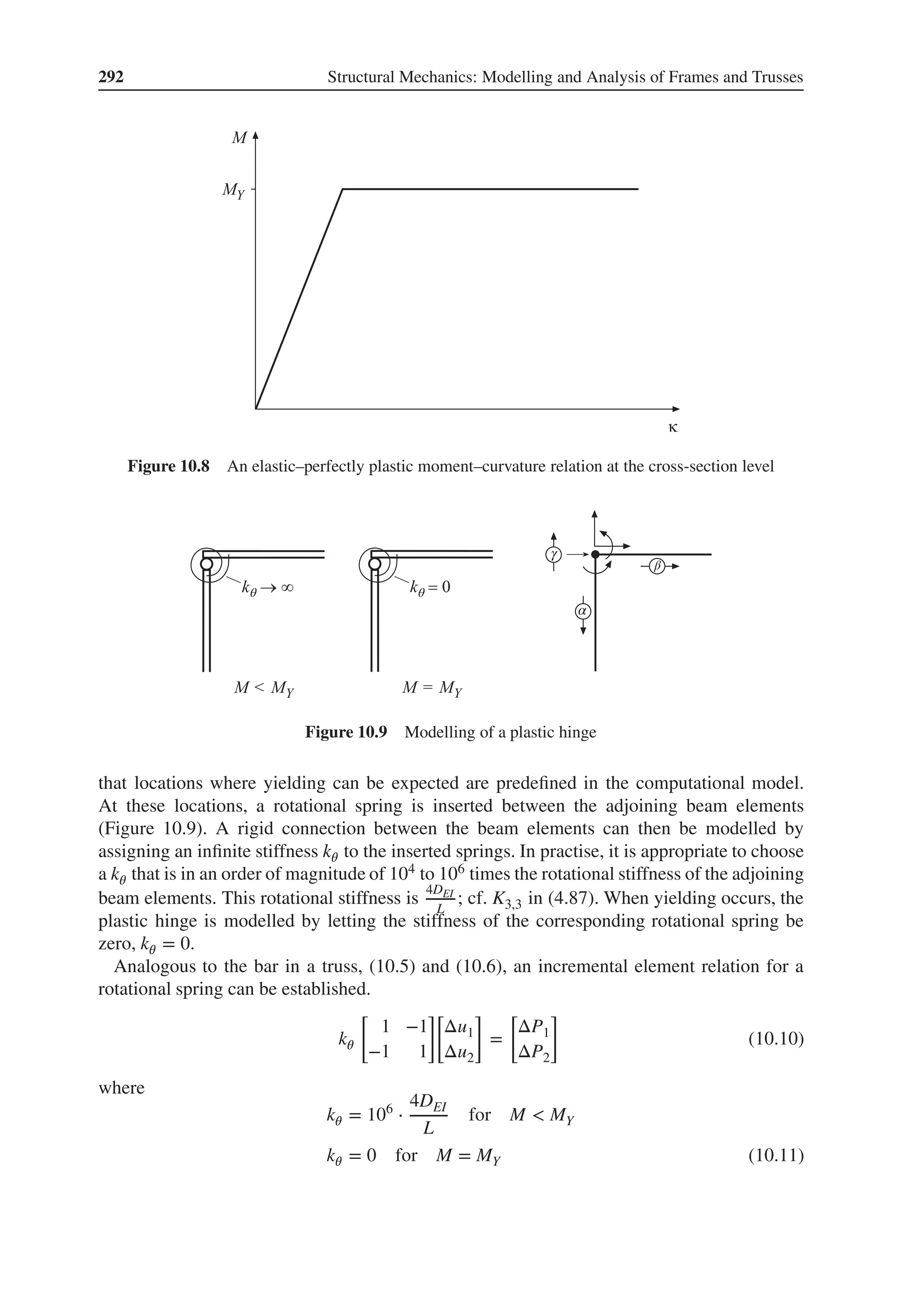 292 Structural Mechanics: Modelling and Analysis of Frames and Trusses
Figure 10.8 An elastic–perfectly plastic moment–curvature relation at the cross-section level
θ
θ
γ
α
β
Figure 10.9 Modelling of a plastic hinge
that locations where yielding can be expected are predefined in the computational model.
At these locations, a rotational spring is inserted between the adjoining beam elements
(Figure 10.9). A rigid connection between the beam elements can then be modelled by
assigning an infinite stiffness k𝜃 to the inserted springs. In practise, it is appropriate to choose
a k𝜃 that is in an order of magnitude of 104 to 106 times the rotational stiffness of the adjoining
beam elements. This rotational stiffness is
4DEI
L
; cf. K3,3 in (4.87). When yielding occurs, the
plastic hinge is modelled by letting the stiffness of the corresponding rotational spring be
zero, k𝜃 = 0.
Analogous to the bar in a truss, (10.5) and (10.6), an incremental element relation for a
rotational spring can be established.
k𝜃
[
1 −1
−1 1
][
Δu1
Δu2
]
=
[
ΔP1
ΔP2
]
(10.10)
where
k𝜃 = 106
⋅
4DEI
L
for M < MY
k𝜃 = 0 for M = MY (10.11)
 