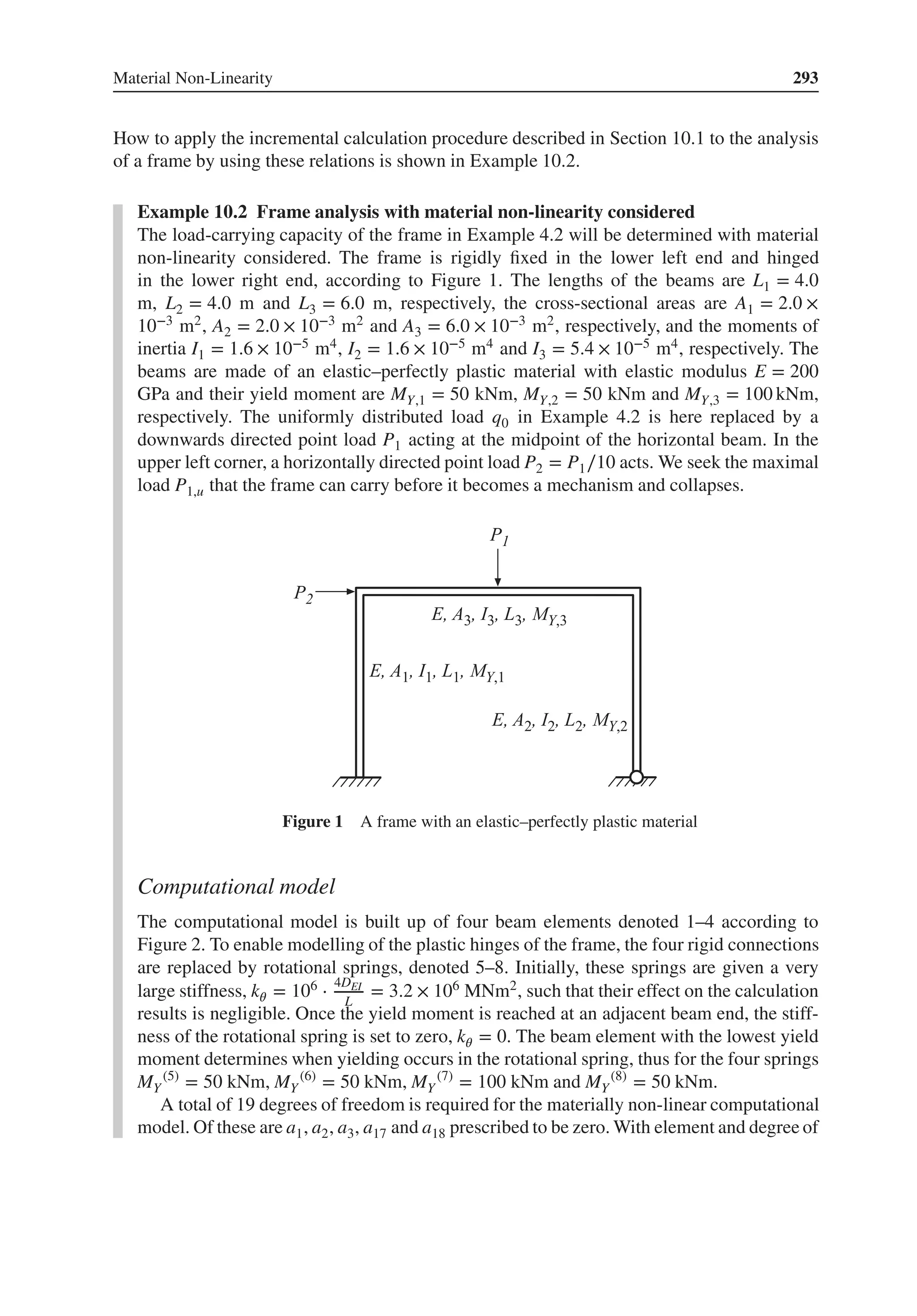 Material Non-Linearity 293
How to apply the incremental calculation procedure described in Section 10.1 to the analysis
of a frame by using these relations is shown in Example 10.2.
Example 10.2 Frame analysis with material non-linearity considered
The load-carrying capacity of the frame in Example 4.2 will be determined with material
non-linearity considered. The frame is rigidly fixed in the lower left end and hinged
in the lower right end, according to Figure 1. The lengths of the beams are L1 = 4.0
m, L2 = 4.0 m and L3 = 6.0 m, respectively, the cross-sectional areas are A1 = 2.0 ×
10−3 m2, A2 = 2.0 × 10−3 m2 and A3 = 6.0 × 10−3 m2, respectively, and the moments of
inertia I1 = 1.6 × 10−5 m4, I2 = 1.6 × 10−5 m4 and I3 = 5.4 × 10−5 m4, respectively. The
beams are made of an elastic–perfectly plastic material with elastic modulus E = 200
GPa and their yield moment are MY,1 = 50 kNm, MY,2 = 50 kNm and MY,3 = 100 kNm,
respectively. The uniformly distributed load q0 in Example 4.2 is here replaced by a
downwards directed point load P1 acting at the midpoint of the horizontal beam. In the
upper left corner, a horizontally directed point load P2 = P1∕10 acts. We seek the maximal
load P1,u that the frame can carry before it becomes a mechanism and collapses.
Figure 1 A frame with an elastic–perfectly plastic material
Computational model
The computational model is built up of four beam elements denoted 1–4 according to
Figure 2. To enable modelling of the plastic hinges of the frame, the four rigid connections
are replaced by rotational springs, denoted 5–8. Initially, these springs are given a very
large stiffness, k𝜃 = 106 ⋅
4DEI
L
= 3.2 × 106 MNm2, such that their effect on the calculation
results is negligible. Once the yield moment is reached at an adjacent beam end, the stiff-
ness of the rotational spring is set to zero, k𝜃 = 0. The beam element with the lowest yield
moment determines when yielding occurs in the rotational spring, thus for the four springs
MY
(5)
= 50 kNm, MY
(6)
= 50 kNm, MY
(7)
= 100 kNm and MY
(8)
= 50 kNm.
A total of 19 degrees of freedom is required for the materially non-linear computational
model. Of these are a1, a2, a3, a17 and a18 prescribed to be zero. With element and degree of
 