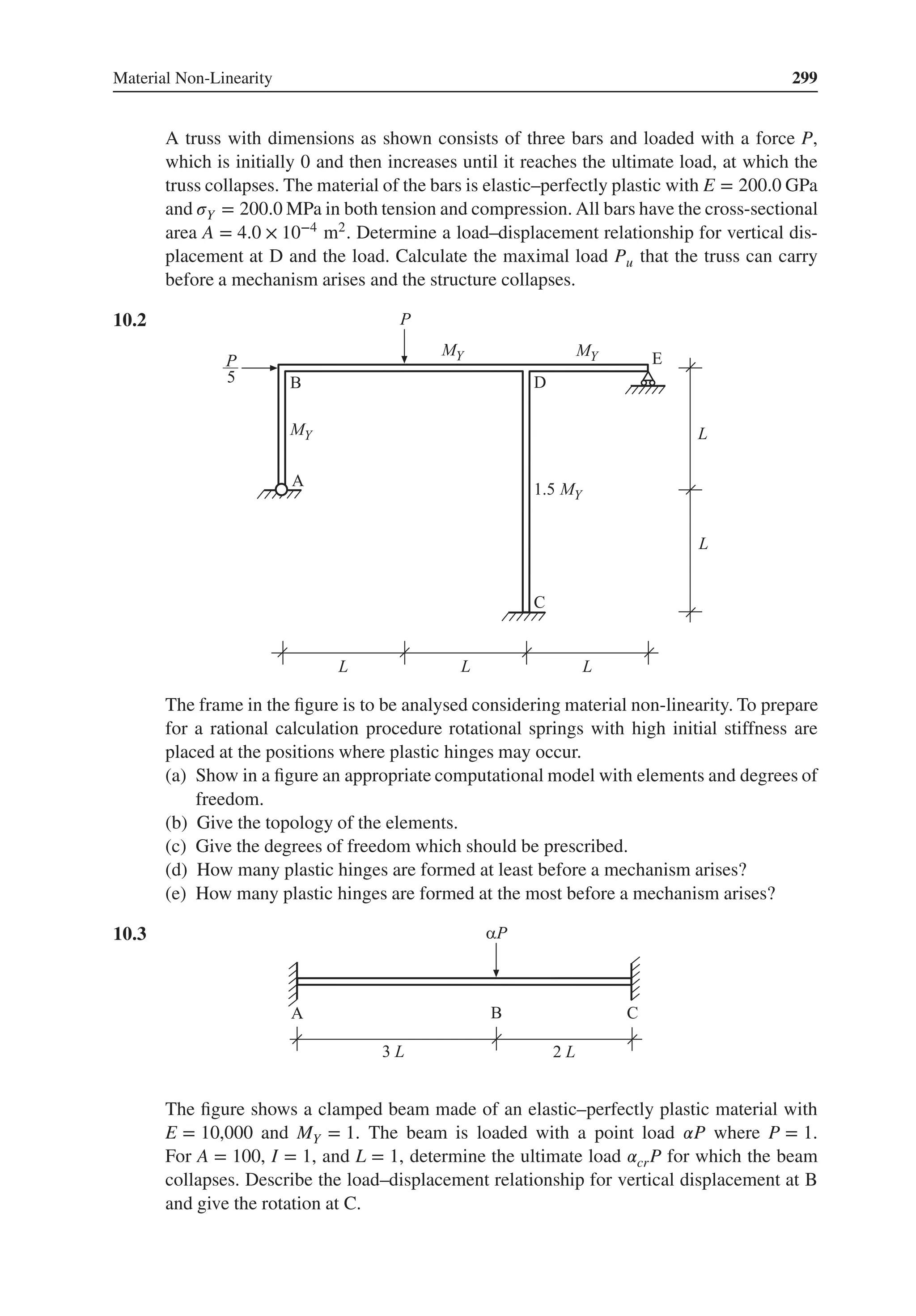 Material Non-Linearity 299
A truss with dimensions as shown consists of three bars and loaded with a force P,
which is initially 0 and then increases until it reaches the ultimate load, at which the
truss collapses. The material of the bars is elastic–perfectly plastic with E = 200.0 GPa
and 𝜎Y = 200.0 MPa in both tension and compression. All bars have the cross-sectional
area A = 4.0 × 10−4 m2. Determine a load–displacement relationship for vertical dis-
placement at D and the load. Calculate the maximal load Pu that the truss can carry
before a mechanism arises and the structure collapses.
10.2 .
The frame in the figure is to be analysed considering material non-linearity. To prepare
for a rational calculation procedure rotational springs with high initial stiffness are
placed at the positions where plastic hinges may occur.
(a) Show in a figure an appropriate computational model with elements and degrees of
freedom.
(b) Give the topology of the elements.
(c) Give the degrees of freedom which should be prescribed.
(d) How many plastic hinges are formed at least before a mechanism arises?
(e) How many plastic hinges are formed at the most before a mechanism arises?
10.3 .
The figure shows a clamped beam made of an elastic–perfectly plastic material with
E = 10,000 and MY = 1. The beam is loaded with a point load 𝛼P where P = 1.
For A = 100, I = 1, and L = 1, determine the ultimate load 𝛼crP for which the beam
collapses. Describe the load–displacement relationship for vertical displacement at B
and give the rotation at C.
 
