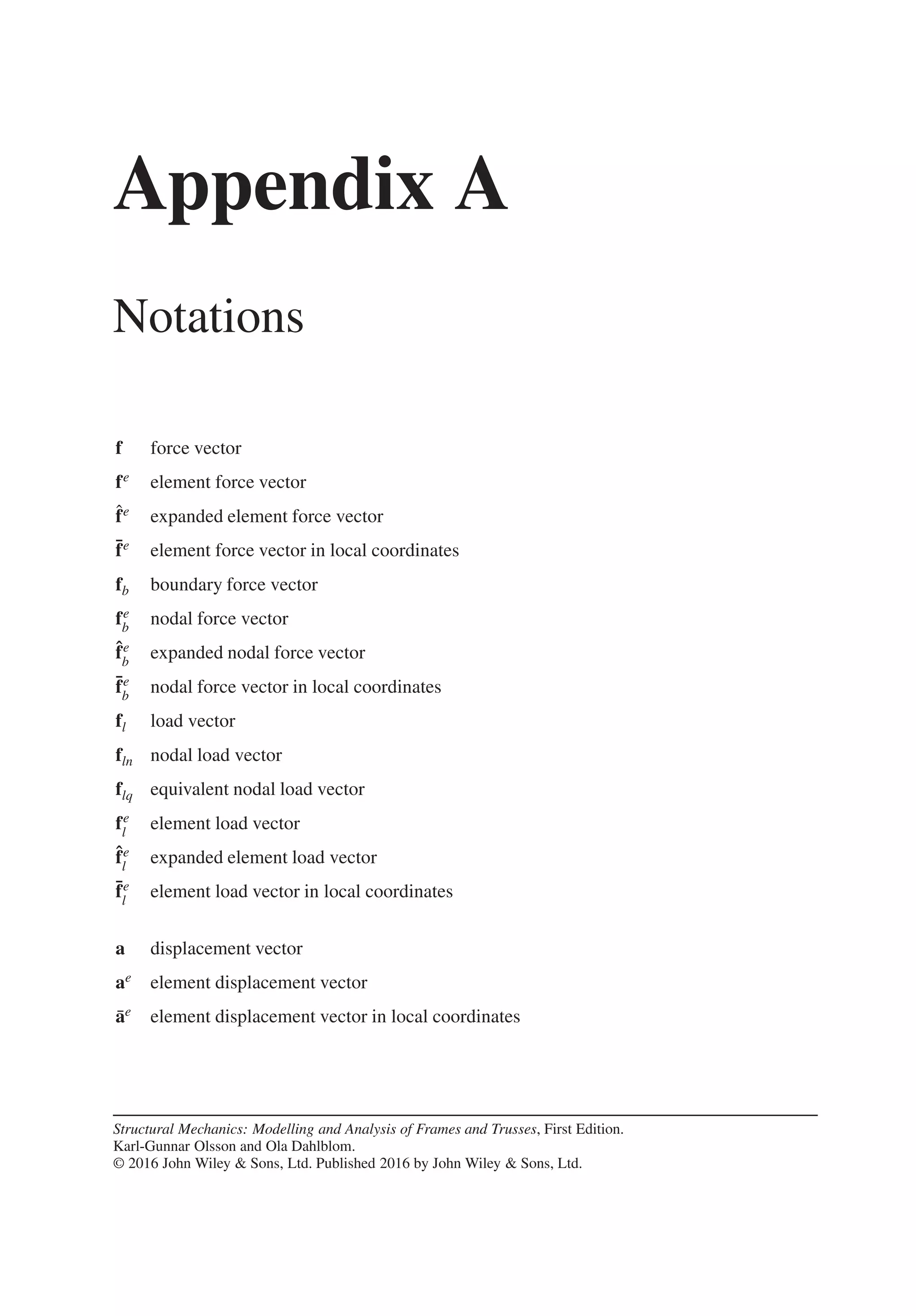 Appendix A
Notations
f force vector
fe element force vector
̂
fe expanded element force vector
̄
fe element force vector in local coordinates
fb boundary force vector
fe
b
nodal force vector
̂
fe
b
expanded nodal force vector
̄
fe
b
nodal force vector in local coordinates
fl load vector
fln nodal load vector
flq equivalent nodal load vector
fe
l
element load vector
̂
fe
l
expanded element load vector
̄
fe
l
element load vector in local coordinates
a displacement vector
ae element displacement vector
̄
ae element displacement vector in local coordinates
Structural Mechanics: Modelling and Analysis of Frames and Trusses, First Edition.
Karl-Gunnar Olsson and Ola Dahlblom.
© 2016 John Wiley & Sons, Ltd. Published 2016 by John Wiley & Sons, Ltd.
 