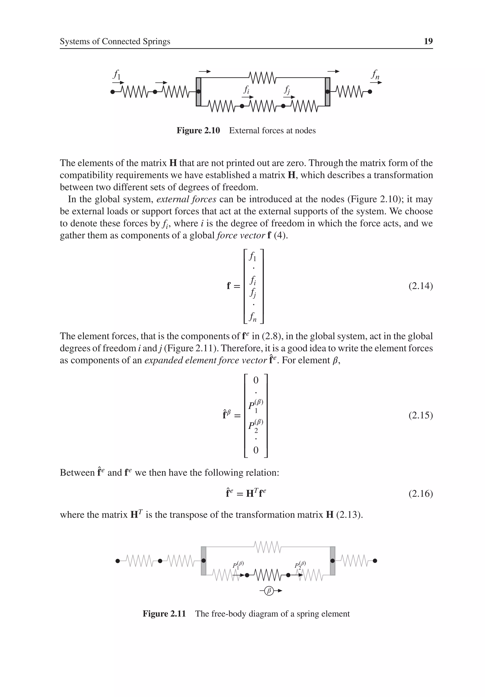 Systems of Connected Springs 19
fi fj
Figure 2.10 External forces at nodes
The elements of the matrix H that are not printed out are zero. Through the matrix form of the
compatibility requirements we have established a matrix H, which describes a transformation
between two different sets of degrees of freedom.
In the global system, external forces can be introduced at the nodes (Figure 2.10); it may
be external loads or support forces that act at the external supports of the system. We choose
to denote these forces by fi, where i is the degree of freedom in which the force acts, and we
gather them as components of a global force vector f (4).
f =
⎡
⎢
⎢
⎢
⎢
⎢
⎢
⎣
f1
⋅
fi
fj
⋅
fn
⎤
⎥
⎥
⎥
⎥
⎥
⎥
⎦
(2.14)
The element forces, that is the components of fe in (2.8), in the global system, act in the global
degrees of freedom i and j (Figure 2.11). Therefore, it is a good idea to write the element forces
as components of an expanded element force vector ̂
fe. For element 𝛽,
̂
f𝛽
=
⎡
⎢
⎢
⎢
⎢
⎢
⎢
⎢
⎣
0
⋅
P(𝛽)
1
P(𝛽)
2
⋅
0
⎤
⎥
⎥
⎥
⎥
⎥
⎥
⎥
⎦
(2.15)
Between ̂
fe and fe we then have the following relation:
̂
fe
= HT
fe
(2.16)
where the matrix HT is the transpose of the transformation matrix H (2.13).
(β) (β)
β
Figure 2.11 The free-body diagram of a spring element
 