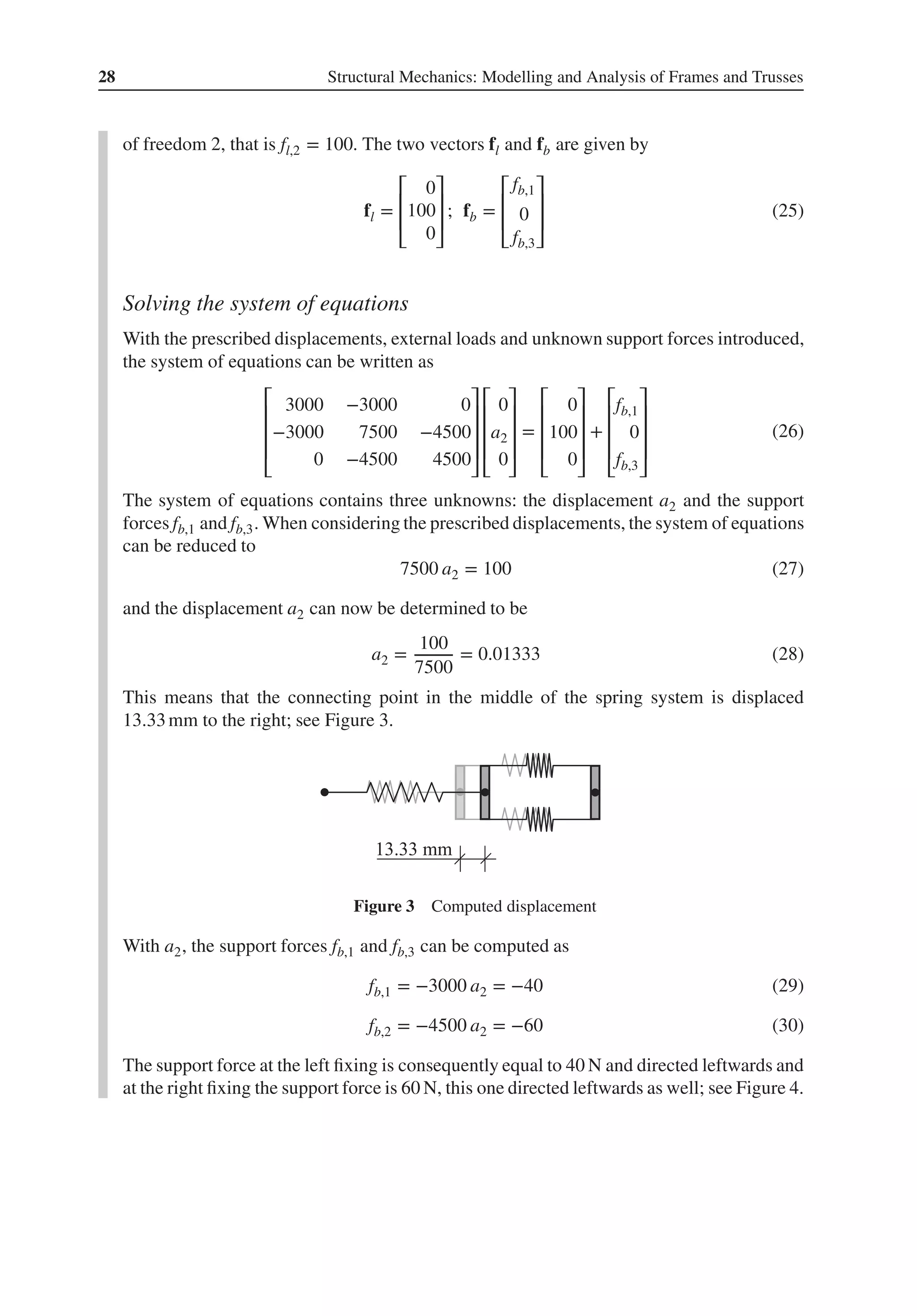 28 Structural Mechanics: Modelling and Analysis of Frames and Trusses
of freedom 2, that is fl,2 = 100. The two vectors fl and fb are given by
fl =
⎡
⎢
⎢
⎣
0
100
0
⎤
⎥
⎥
⎦
; fb =
⎡
⎢
⎢
⎣
fb,1
0
fb,3
⎤
⎥
⎥
⎦
(25)
Solving the system of equations
With the prescribed displacements, external loads and unknown support forces introduced,
the system of equations can be written as
⎡
⎢
⎢
⎢
⎣
3000 −3000 0
−3000 7500 −4500
0 −4500 4500
⎤
⎥
⎥
⎥
⎦
⎡
⎢
⎢
⎢
⎣
0
a2
0
⎤
⎥
⎥
⎥
⎦
=
⎡
⎢
⎢
⎢
⎣
0
100
0
⎤
⎥
⎥
⎥
⎦
+
⎡
⎢
⎢
⎢
⎣
fb,1
0
fb,3
⎤
⎥
⎥
⎥
⎦
(26)
The system of equations contains three unknowns: the displacement a2 and the support
forces fb,1 and fb,3. When considering the prescribed displacements, the system of equations
can be reduced to
7500 a2 = 100 (27)
and the displacement a2 can now be determined to be
a2 =
100
7500
= 0.01333 (28)
This means that the connecting point in the middle of the spring system is displaced
13.33mm to the right; see Figure 3.
Figure 3 Computed displacement
With a2, the support forces fb,1 and fb,3 can be computed as
fb,1 = −3000 a2 = −40 (29)
fb,2 = −4500 a2 = −60 (30)
The support force at the left fixing is consequently equal to 40 N and directed leftwards and
at the right fixing the support force is 60 N, this one directed leftwards as well; see Figure 4.
 