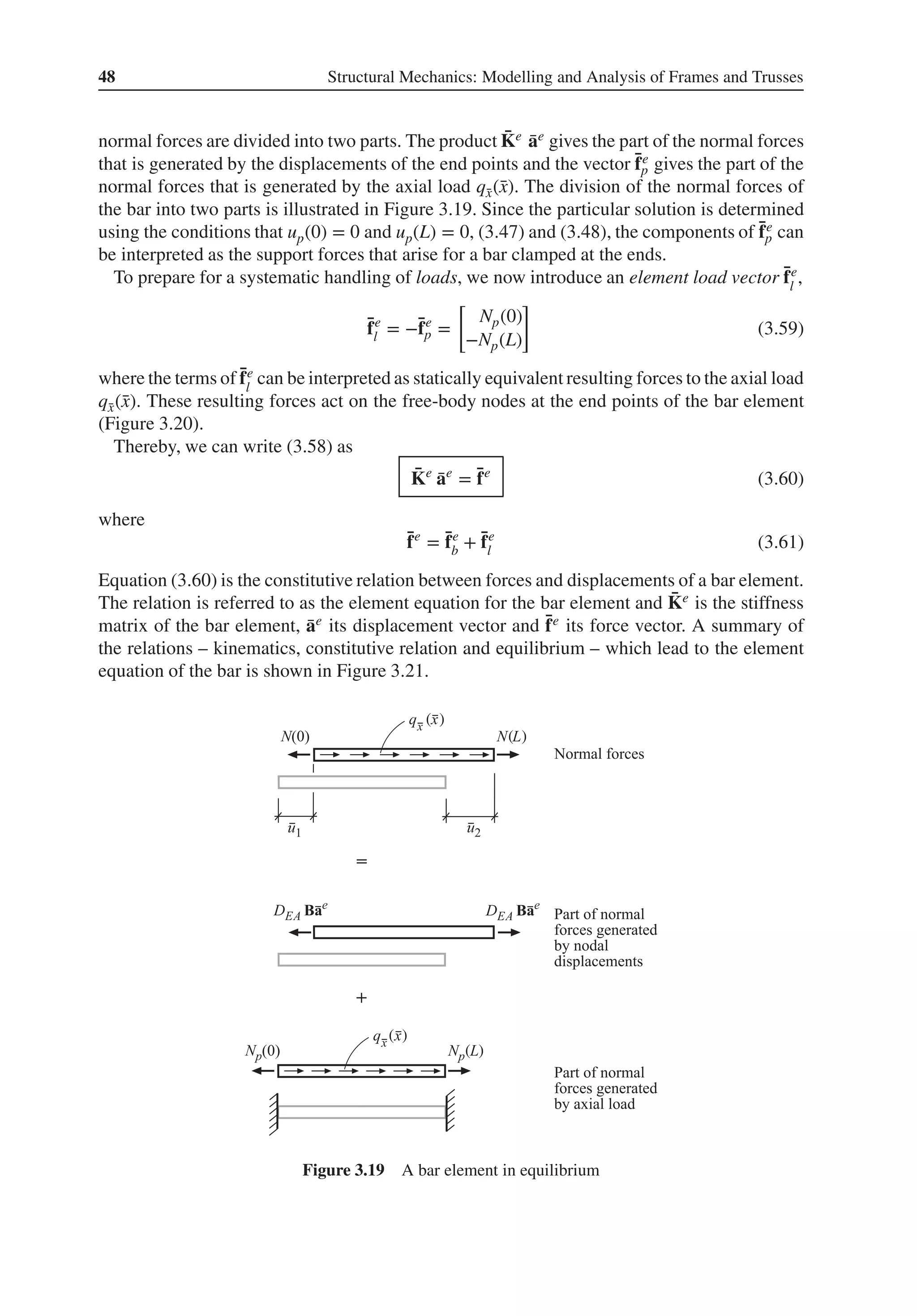 48 Structural Mechanics: Modelling and Analysis of Frames and Trusses
normal forces are divided into two parts. The product ̄
Ke ̄
ae gives the part of the normal forces
that is generated by the displacements of the end points and the vector ̄
fe
p gives the part of the
normal forces that is generated by the axial load q̄
x(̄
x). The division of the normal forces of
the bar into two parts is illustrated in Figure 3.19. Since the particular solution is determined
using the conditions that up(0) = 0 and up(L) = 0, (3.47) and (3.48), the components of ̄
fe
p can
be interpreted as the support forces that arise for a bar clamped at the ends.
To prepare for a systematic handling of loads, we now introduce an element load vector ̄
fe
l
,
̄
fe
l = −̄
fe
p =
[
Np(0)
−Np(L)
]
(3.59)
where the terms of ̄
fe
l
can be interpreted as statically equivalent resulting forces to the axial load
q̄
x(̄
x). These resulting forces act on the free-body nodes at the end points of the bar element
(Figure 3.20).
Thereby, we can write (3.58) as
̄
Ke
̄
ae
= ̄
fe
(3.60)
where
̄
fe
= ̄
fe
b + ̄
fe
l (3.61)
Equation (3.60) is the constitutive relation between forces and displacements of a bar element.
The relation is referred to as the element equation for the bar element and ̄
Ke is the stiffness
matrix of the bar element, ̄
ae its displacement vector and ̄
fe its force vector. A summary of
the relations – kinematics, constitutive relation and equilibrium – which lead to the element
equation of the bar is shown in Figure 3.21.
( )
( )
( )
( )
Figure 3.19 A bar element in equilibrium
 