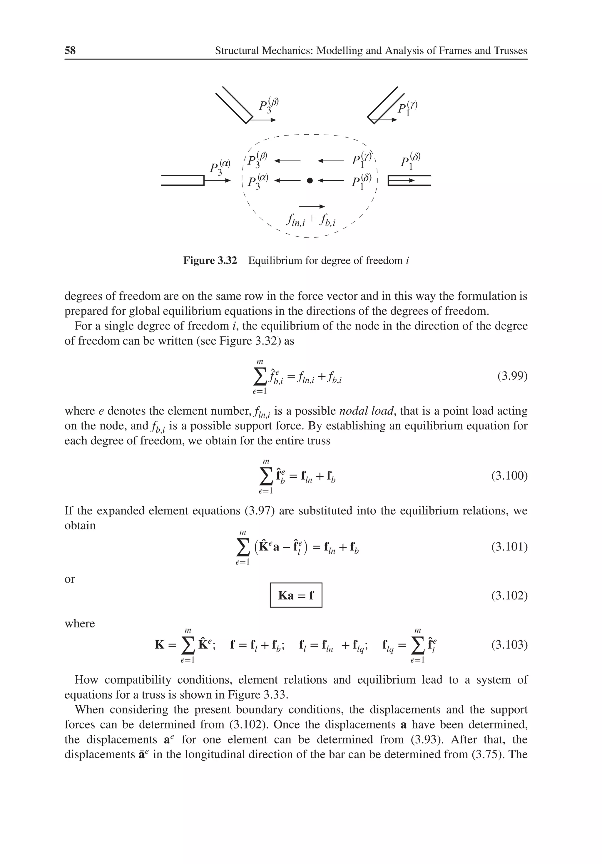 58 Structural Mechanics: Modelling and Analysis of Frames and Trusses
β
β
δ
δ
γ
γ
α
α
Figure 3.32 Equilibrium for degree of freedom i
degrees of freedom are on the same row in the force vector and in this way the formulation is
prepared for global equilibrium equations in the directions of the degrees of freedom.
For a single degree of freedom i, the equilibrium of the node in the direction of the degree
of freedom can be written (see Figure 3.32) as
m
∑
e=1
̂
fe
b,i = fln,i + fb,i (3.99)
where e denotes the element number, fln,i is a possible nodal load, that is a point load acting
on the node, and fb,i is a possible support force. By establishing an equilibrium equation for
each degree of freedom, we obtain for the entire truss
m
∑
e=1
̂
fe
b = fln + fb (3.100)
If the expanded element equations (3.97) are substituted into the equilibrium relations, we
obtain m
∑
e=1
(
̂
Ke
a − ̂
fe
l
)
= fln + fb (3.101)
or
Ka = f (3.102)
where
K =
m
∑
e=1
̂
Ke
; f = fl + fb; fl = fln + flq; flq =
m
∑
e=1
̂
fe
l (3.103)
How compatibility conditions, element relations and equilibrium lead to a system of
equations for a truss is shown in Figure 3.33.
When considering the present boundary conditions, the displacements and the support
forces can be determined from (3.102). Once the displacements a have been determined,
the displacements ae for one element can be determined from (3.93). After that, the
displacements ̄
ae in the longitudinal direction of the bar can be determined from (3.75). The
 