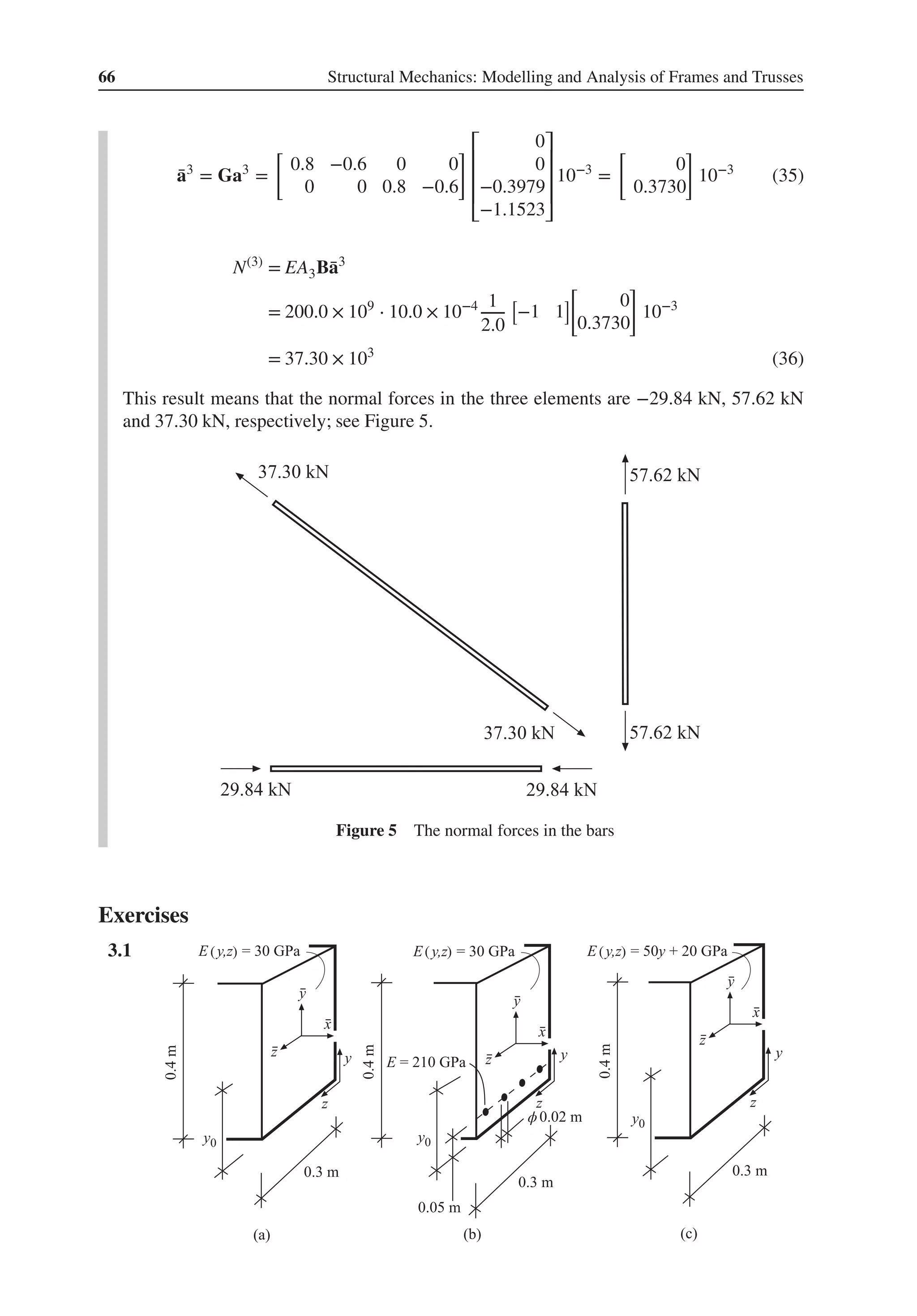 66 Structural Mechanics: Modelling and Analysis of Frames and Trusses
̄
a3
= Ga3
=
[
0.8 −0.6 0 0
0 0 0.8 −0.6
] ⎡
⎢
⎢
⎢
⎣
0
0
−0.3979
−1.1523
⎤
⎥
⎥
⎥
⎦
10−3
=
[
0
0.3730
]
10−3
(35)
N(3)
= EA3B̄
a3
= 200.0 × 109
⋅ 10.0 × 10−4 1
2.0
[
−1 1
]
[
0
0.3730
]
10−3
= 37.30 × 103
(36)
This result means that the normal forces in the three elements are −29.84 kN, 57.62 kN
and 37.30 kN, respectively; see Figure 5.
Figure 5 The normal forces in the bars
Exercises
3.1 . ( ) ( ) ( )
ϕ
 