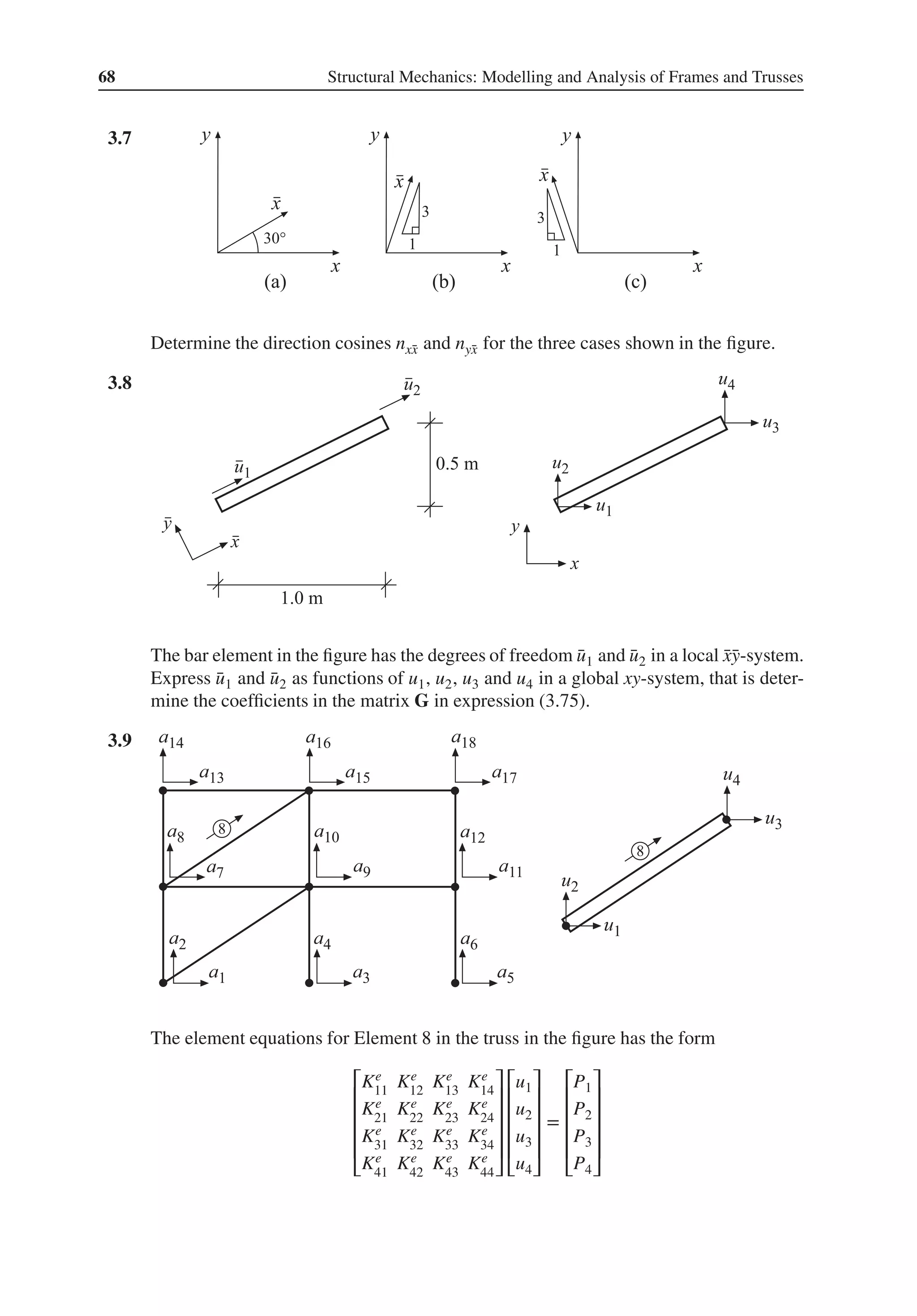68 Structural Mechanics: Modelling and Analysis of Frames and Trusses
3.7 .
Determine the direction cosines nx̄
x and nȳ
x for the three cases shown in the figure.
3.8 .
The bar element in the figure has the degrees of freedom ̄
u1 and ̄
u2 in a local ̄
x̄
y-system.
Express ̄
u1 and ̄
u2 as functions of u1, u2, u3 and u4 in a global xy-system, that is deter-
mine the coefficients in the matrix G in expression (3.75).
3.9 .
The element equations for Element 8 in the truss in the figure has the form
⎡
⎢
⎢
⎢
⎢
⎣
Ke
11
Ke
12
Ke
13
Ke
14
Ke
21
Ke
22
Ke
23
Ke
24
Ke
31
Ke
32
Ke
33
Ke
34
Ke
41
Ke
42
Ke
43
Ke
44
⎤
⎥
⎥
⎥
⎥
⎦
⎡
⎢
⎢
⎢
⎢
⎣
u1
u2
u3
u4
⎤
⎥
⎥
⎥
⎥
⎦
=
⎡
⎢
⎢
⎢
⎢
⎣
P1
P2
P3
P4
⎤
⎥
⎥
⎥
⎥
⎦
 