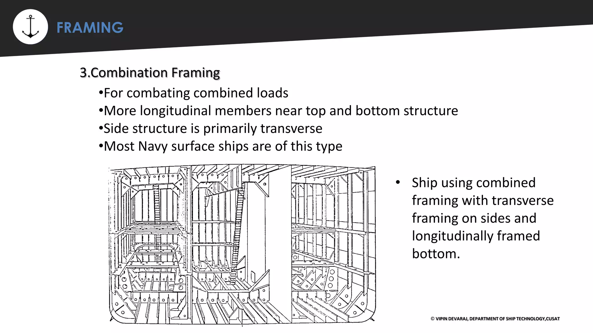 ⚡ FRAMING
© VIPIN DEVARAJ, DEPARTMENT OF SHIP TECHNOLOGY,CUSAT
3.Combination Framing
•For combating combined loads
•More longitudinal members near top and bottom structure
•Side structure is primarily transverse
•Most Navy surface ships are of this type
• Ship using combined
framing with transverse
framing on sides and
longitudinally framed
bottom.
 