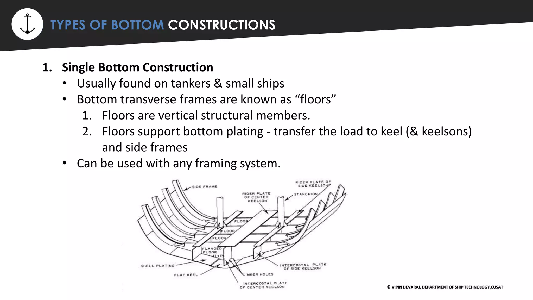 ⚡ TYPES OF BOTTOM CONSTRUCTIONS
© VIPIN DEVARAJ, DEPARTMENT OF SHIP TECHNOLOGY,CUSAT
1. Single Bottom Construction
• Usually found on tankers & small ships
• Bottom transverse frames are known as “floors”
1. Floors are vertical structural members.
2. Floors support bottom plating - transfer the load to keel (& keelsons)
and side frames
• Can be used with any framing system.
 