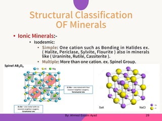 Structural Classification
OF Minerals
• Ionic Minerals:-
• Isodesmic:
• Simple: One cation such as Bonding in Halides ex.
( Halite, Periclase, Sylvite, Flourite ) also in minerals
like ( Uraninite, Rutile, Cassiterite ).
• Multiple: More than one cation. ex. Spinel Group.
By: Ahmed Essam Ayad 29
 