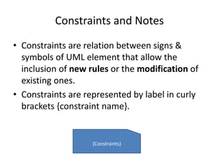 Constraints and Notes
• Constraints are relation between signs &
symbols of UML element that allow the
inclusion of new rules or the modification of
existing ones.
• Constraints are represented by label in curly
brackets {constraint name}.
{Constraints}
 