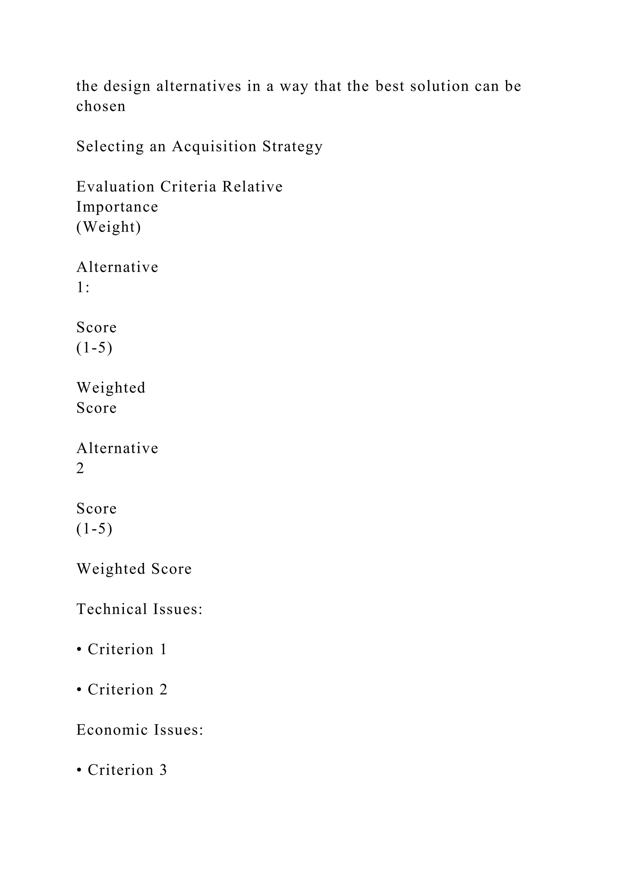 the design alternatives in a way that the best solution can be
chosen
Selecting an Acquisition Strategy
Evaluation Criteria Relative
Importance
(Weight)
Alternative
1:
Score
(1-5)
Weighted
Score
Alternative
2
Score
(1-5)
Weighted Score
Technical Issues:
• Criterion 1
• Criterion 2
Economic Issues:
• Criterion 3
 