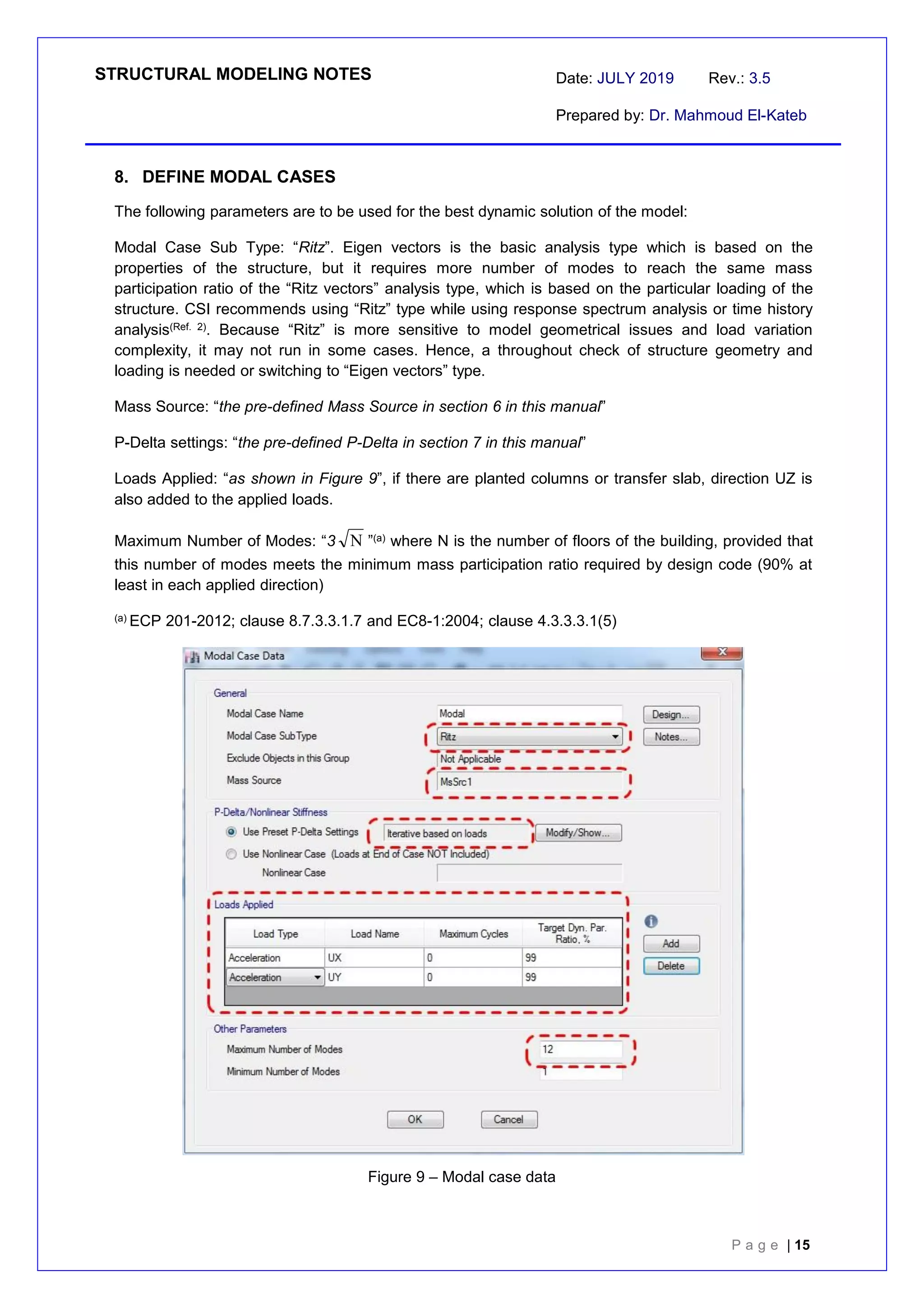 STRUCTURAL MODELING NOTES Date: JULY 2019 Rev.: 3.5
Prepared by: Dr. Mahmoud El-Kateb
P a g e | 15
8. DEFINE MODAL CASES
The following parameters are to be used for the best dynamic solution of the model:
Modal Case Sub Type: “Ritz”. Eigen vectors is the basic analysis type which is based on the
properties of the structure, but it requires more number of modes to reach the same mass
participation ratio of the “Ritz vectors” analysis type, which is based on the particular loading of the
structure. CSI recommends using “Ritz” type while using response spectrum analysis or time history
analysis(Ref. 2). Because “Ritz” is more sensitive to model geometrical issues and load variation
complexity, it may not run in some cases. Hence, a throughout check of structure geometry and
loading is needed or switching to “Eigen vectors” type.
Mass Source: “the pre-defined Mass Source in section 6 in this manual”
P-Delta settings: “the pre-defined P-Delta in section 7 in this manual”
Loads Applied: “as shown in Figure 9”, if there are planted columns or transfer slab, direction UZ is
also added to the applied loads.
Maximum Number of Modes: “3 N ”(a) where N is the number of floors of the building, provided that
this number of modes meets the minimum mass participation ratio required by design code (90% at
least in each applied direction)
(a) ECP 201-2012; clause 8.7.3.3.1.7 and EC8-1:2004; clause 4.3.3.3.1(5)
Figure 9 – Modal case data
 