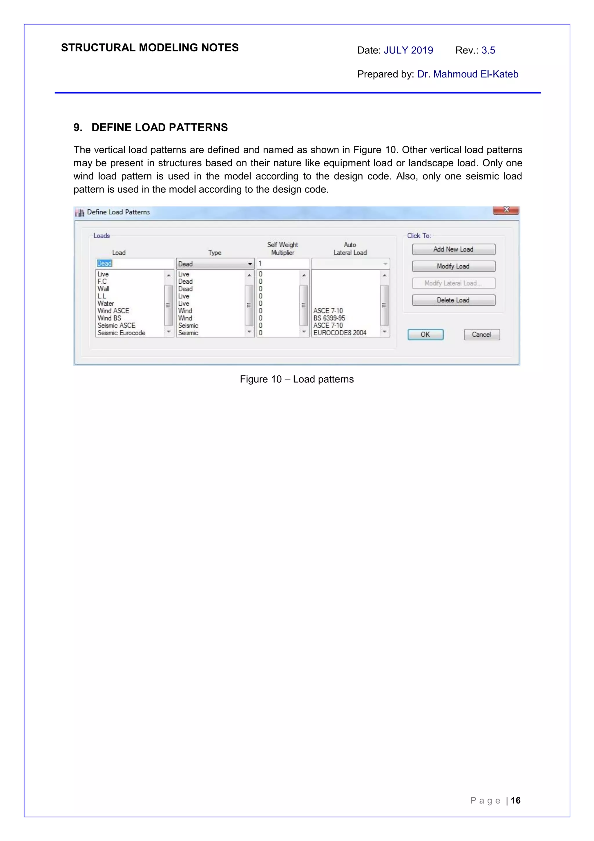 STRUCTURAL MODELING NOTES Date: JULY 2019 Rev.: 3.5
Prepared by: Dr. Mahmoud El-Kateb
P a g e | 16
9. DEFINE LOAD PATTERNS
The vertical load patterns are defined and named as shown in Figure 10. Other vertical load patterns
may be present in structures based on their nature like equipment load or landscape load. Only one
wind load pattern is used in the model according to the design code. Also, only one seismic load
pattern is used in the model according to the design code.
Figure 10 – Load patterns
 