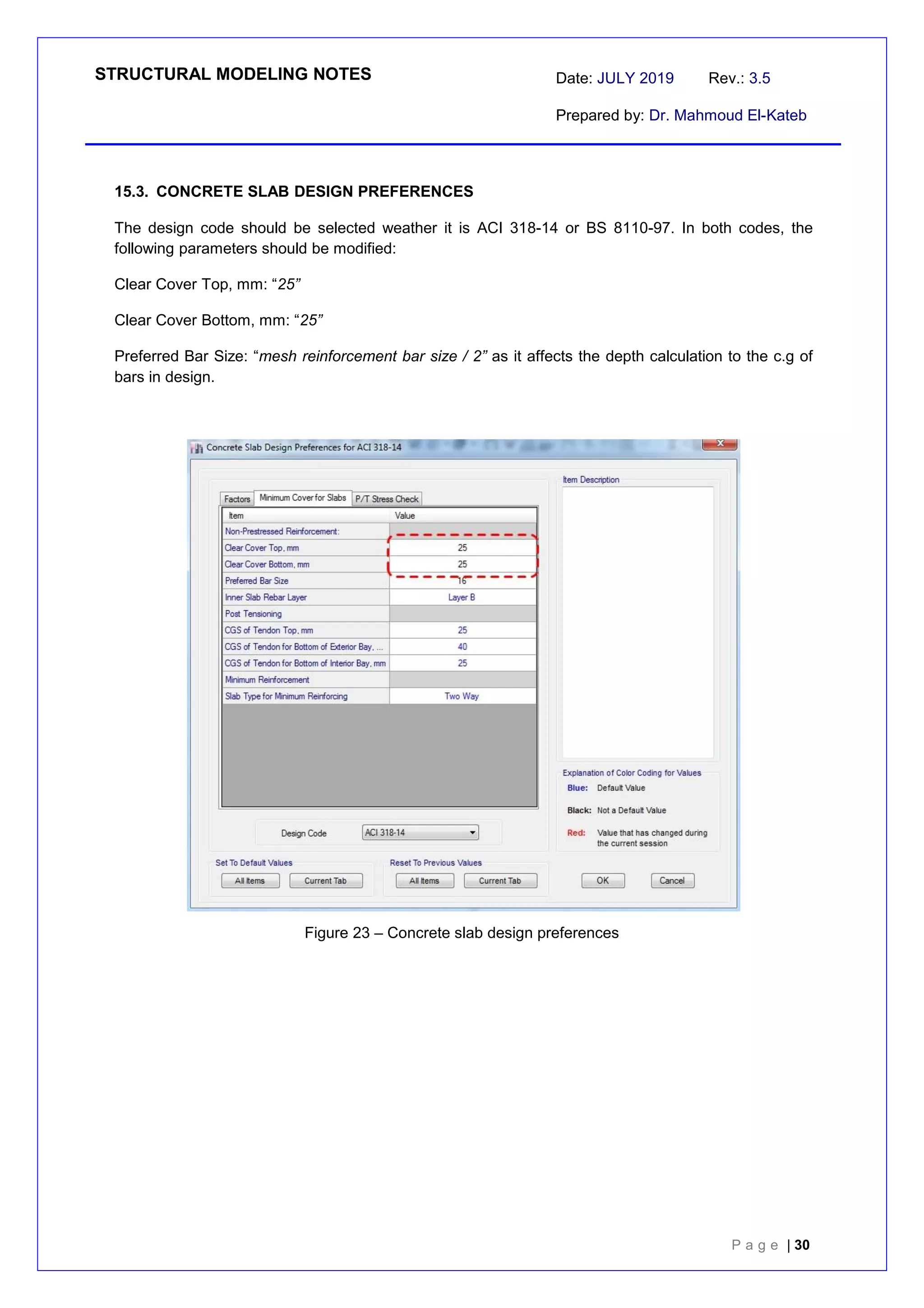 STRUCTURAL MODELING NOTES Date: JULY 2019 Rev.: 3.5
Prepared by: Dr. Mahmoud El-Kateb
P a g e | 30
15.3. CONCRETE SLAB DESIGN PREFERENCES
The design code should be selected weather it is ACI 318-14 or BS 8110-97. In both codes, the
following parameters should be modified:
Clear Cover Top, mm: “25”
Clear Cover Bottom, mm: “25”
Preferred Bar Size: “mesh reinforcement bar size / 2” as it affects the depth calculation to the c.g of
bars in design.
Figure 23 – Concrete slab design preferences
 