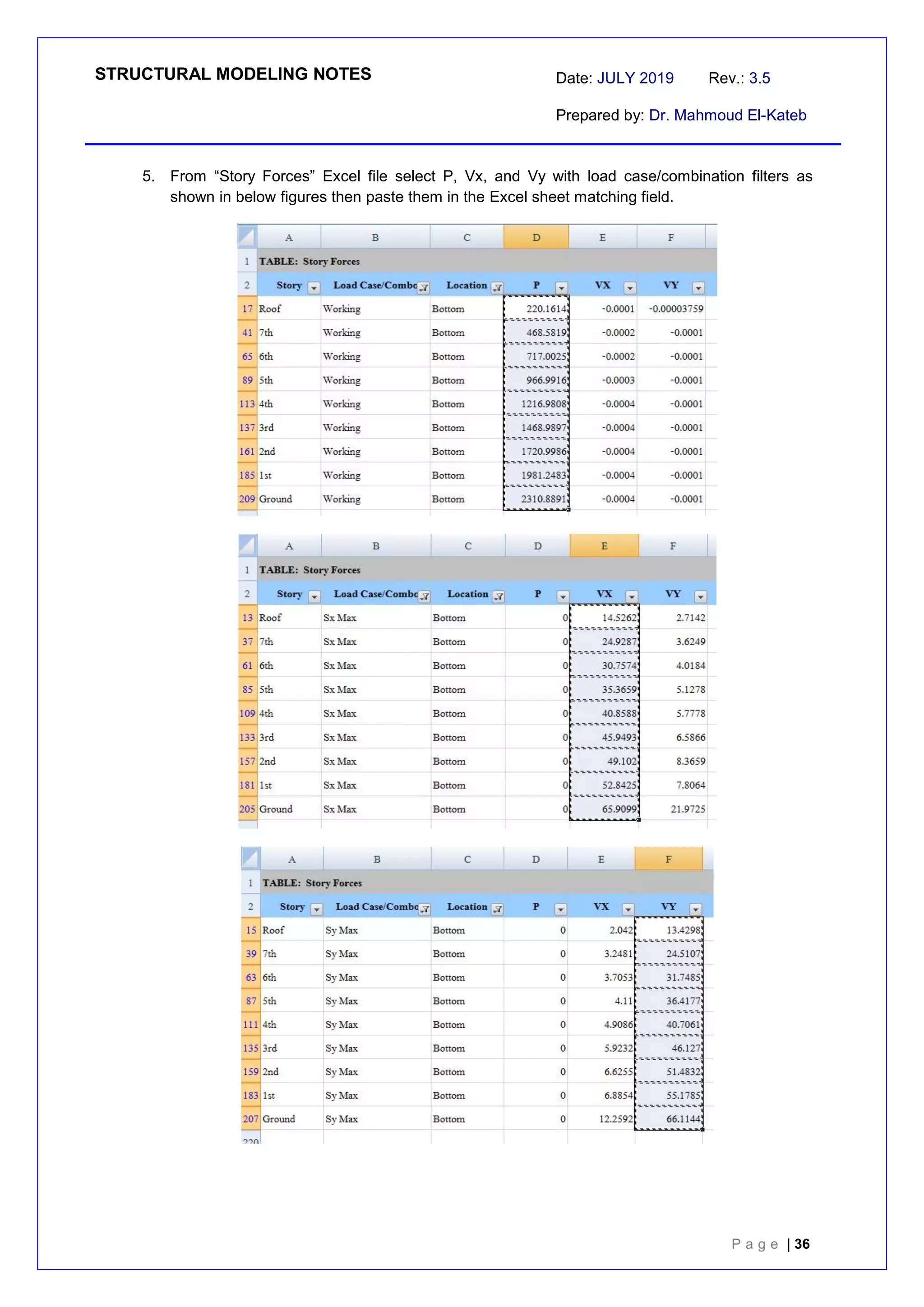 STRUCTURAL MODELING NOTES Date: JULY 2019 Rev.: 3.5
Prepared by: Dr. Mahmoud El-Kateb
P a g e | 36
5. From “Story Forces” Excel file select P, Vx, and Vy with load case/combination filters as
shown in below figures then paste them in the Excel sheet matching field.
 