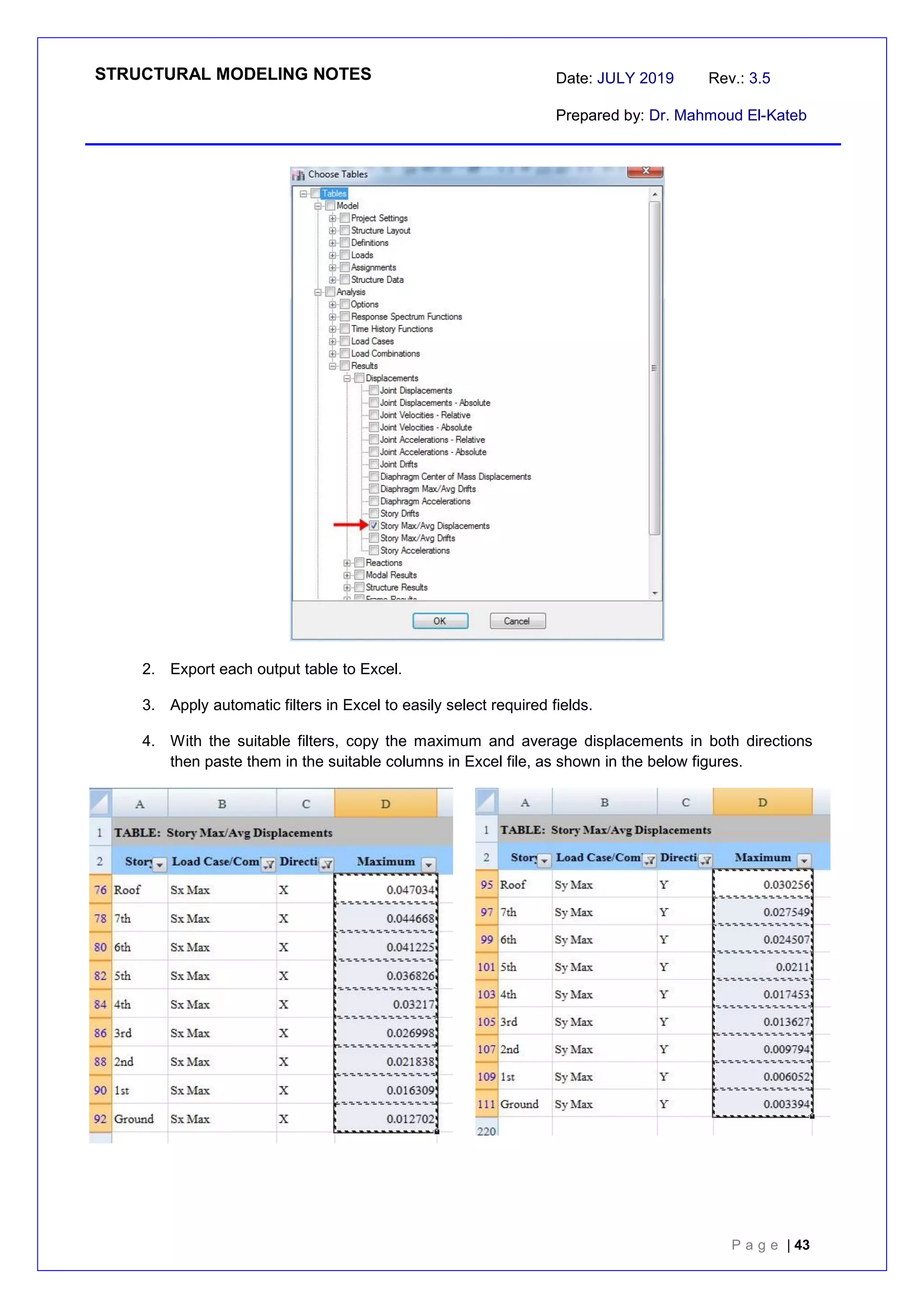 STRUCTURAL MODELING NOTES Date: JULY 2019 Rev.: 3.5
Prepared by: Dr. Mahmoud El-Kateb
P a g e | 43
2. Export each output table to Excel.
3. Apply automatic filters in Excel to easily select required fields.
4. With the suitable filters, copy the maximum and average displacements in both directions
then paste them in the suitable columns in Excel file, as shown in the below figures.
 