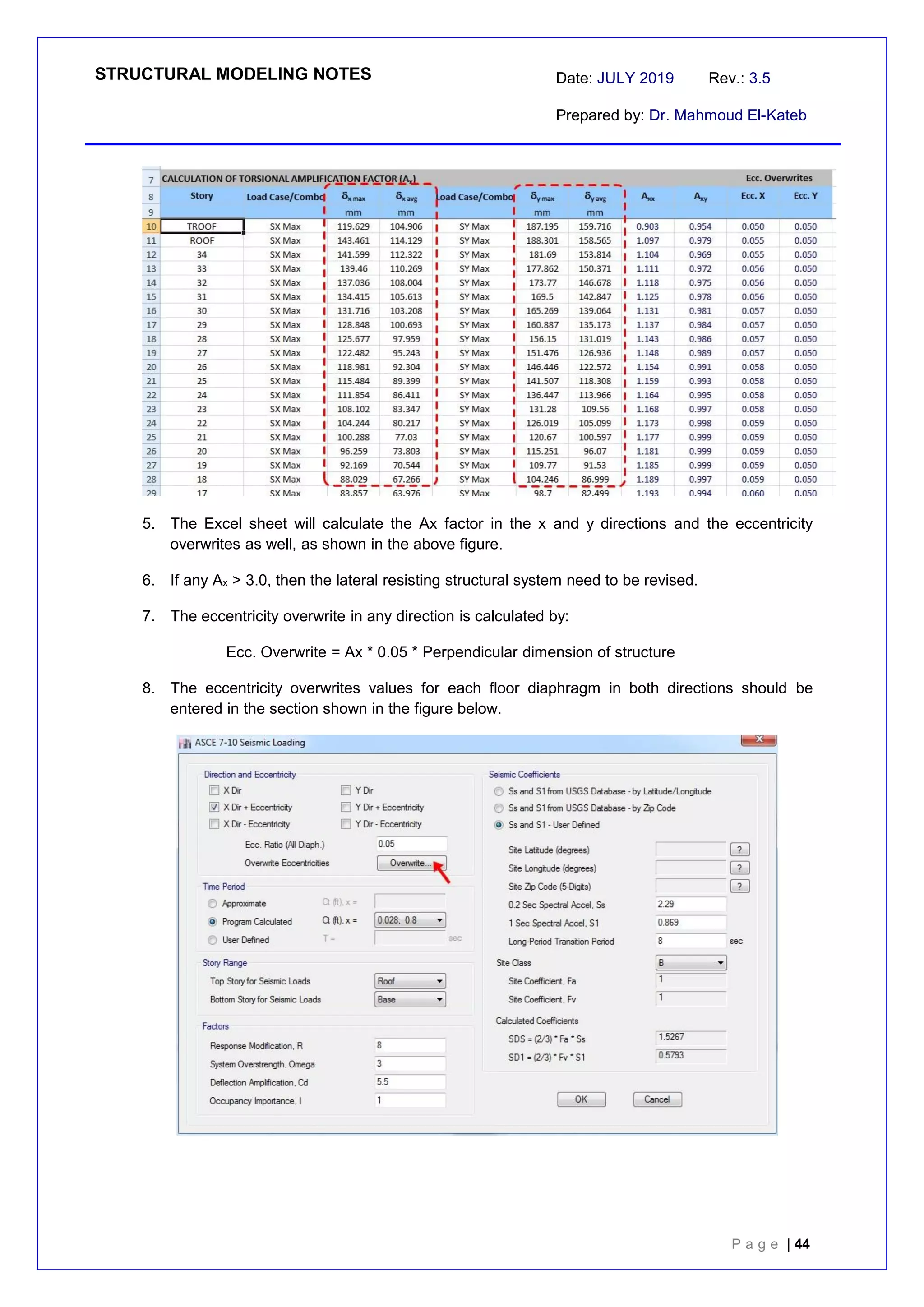 STRUCTURAL MODELING NOTES Date: JULY 2019 Rev.: 3.5
Prepared by: Dr. Mahmoud El-Kateb
P a g e | 44
5. The Excel sheet will calculate the Ax factor in the x and y directions and the eccentricity
overwrites as well, as shown in the above figure.
6. If any Ax > 3.0, then the lateral resisting structural system need to be revised.
7. The eccentricity overwrite in any direction is calculated by:
Ecc. Overwrite = Ax * 0.05 * Perpendicular dimension of structure
8. The eccentricity overwrites values for each floor diaphragm in both directions should be
entered in the section shown in the figure below.
 