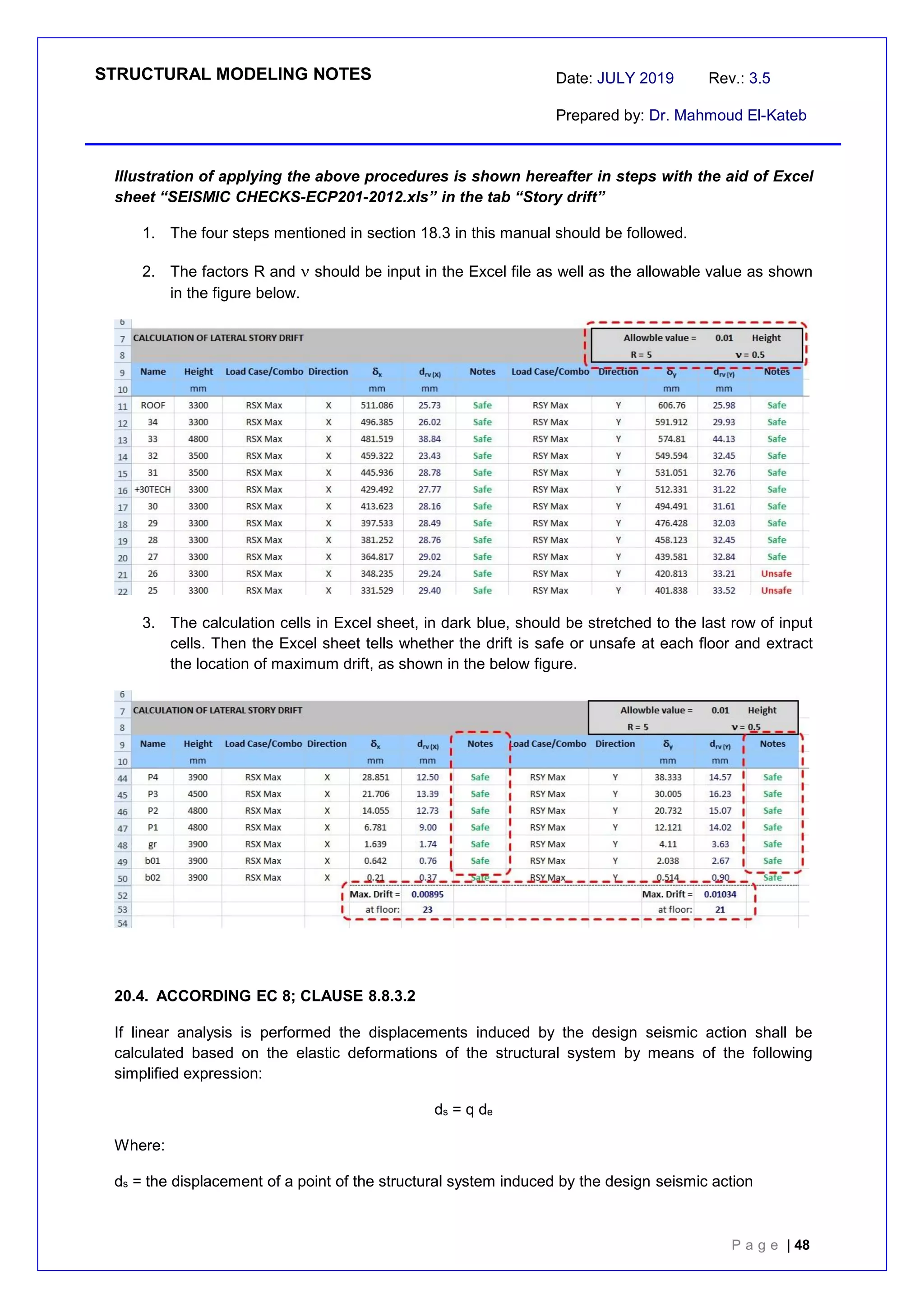 STRUCTURAL MODELING NOTES Date: JULY 2019 Rev.: 3.5
Prepared by: Dr. Mahmoud El-Kateb
P a g e | 48
Illustration of applying the above procedures is shown hereafter in steps with the aid of Excel
sheet “SEISMIC CHECKS-ECP201-2012.xls” in the tab “Story drift”
1. The four steps mentioned in section 18.3 in this manual should be followed.
2. The factors R and  should be input in the Excel file as well as the allowable value as shown
in the figure below.
3. The calculation cells in Excel sheet, in dark blue, should be stretched to the last row of input
cells. Then the Excel sheet tells whether the drift is safe or unsafe at each floor and extract
the location of maximum drift, as shown in the below figure.
20.4. ACCORDING EC 8; CLAUSE 8.8.3.2
If linear analysis is performed the displacements induced by the design seismic action shall be
calculated based on the elastic deformations of the structural system by means of the following
simplified expression:
ds = q de
Where:
ds = the displacement of a point of the structural system induced by the design seismic action
 