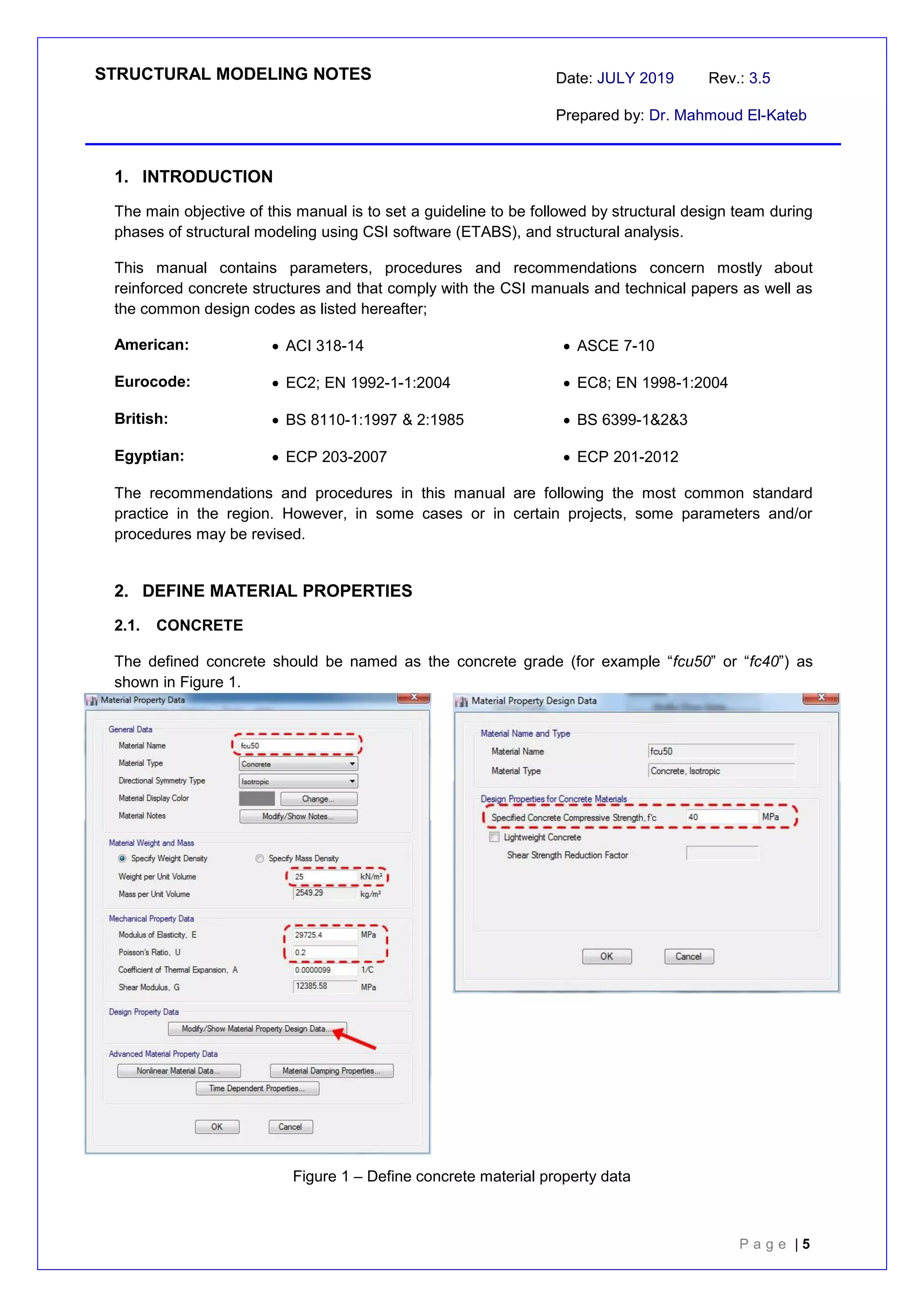 STRUCTURAL MODELING NOTES Date: JULY 2019 Rev.: 3.5
Prepared by: Dr. Mahmoud El-Kateb
P a g e | 5
1. INTRODUCTION
The main objective of this manual is to set a guideline to be followed by structural design team during
phases of structural modeling using CSI software (ETABS), and structural analysis.
This manual contains parameters, procedures and recommendations concern mostly about
reinforced concrete structures and that comply with the CSI manuals and technical papers as well as
the common design codes as listed hereafter;
American:  ACI 318-14  ASCE 7-10
Eurocode:  EC2; EN 1992-1-1:2004  EC8; EN 1998-1:2004
British:  BS 8110-1:1997 & 2:1985  BS 6399-1&2&3
Egyptian:  ECP 203-2007  ECP 201-2012
The recommendations and procedures in this manual are following the most common standard
practice in the region. However, in some cases or in certain projects, some parameters and/or
procedures may be revised.
2. DEFINE MATERIAL PROPERTIES
2.1. CONCRETE
The defined concrete should be named as the concrete grade (for example “fcu50” or “fc40”) as
shown in Figure 1.
Figure 1 – Define concrete material property data
 