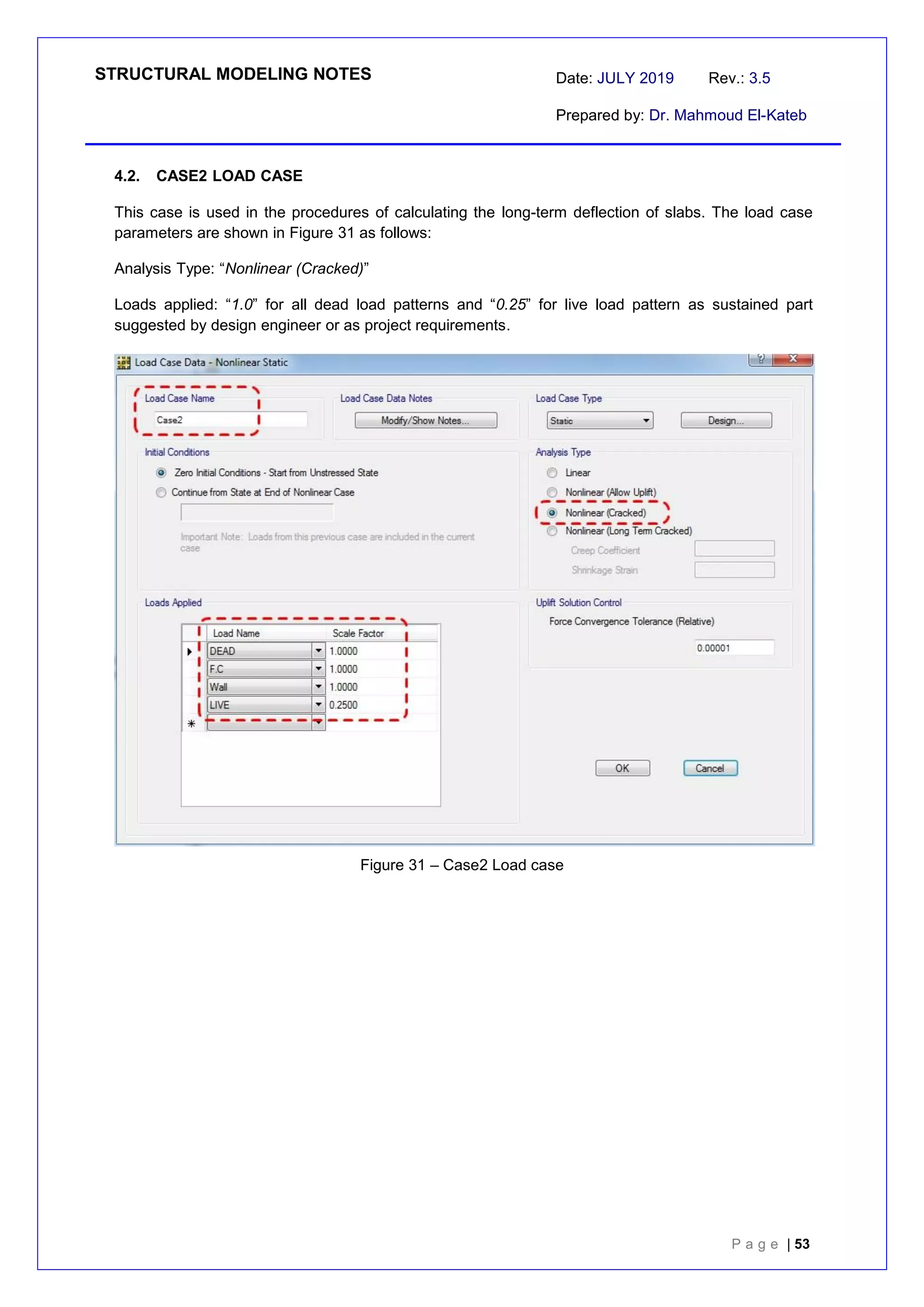 STRUCTURAL MODELING NOTES Date: JULY 2019 Rev.: 3.5
Prepared by: Dr. Mahmoud El-Kateb
P a g e | 53
4.2. CASE2 LOAD CASE
This case is used in the procedures of calculating the long-term deflection of slabs. The load case
parameters are shown in Figure 31 as follows:
Analysis Type: “Nonlinear (Cracked)”
Loads applied: “1.0” for all dead load patterns and “0.25” for live load pattern as sustained part
suggested by design engineer or as project requirements.
Figure 31 – Case2 Load case
 