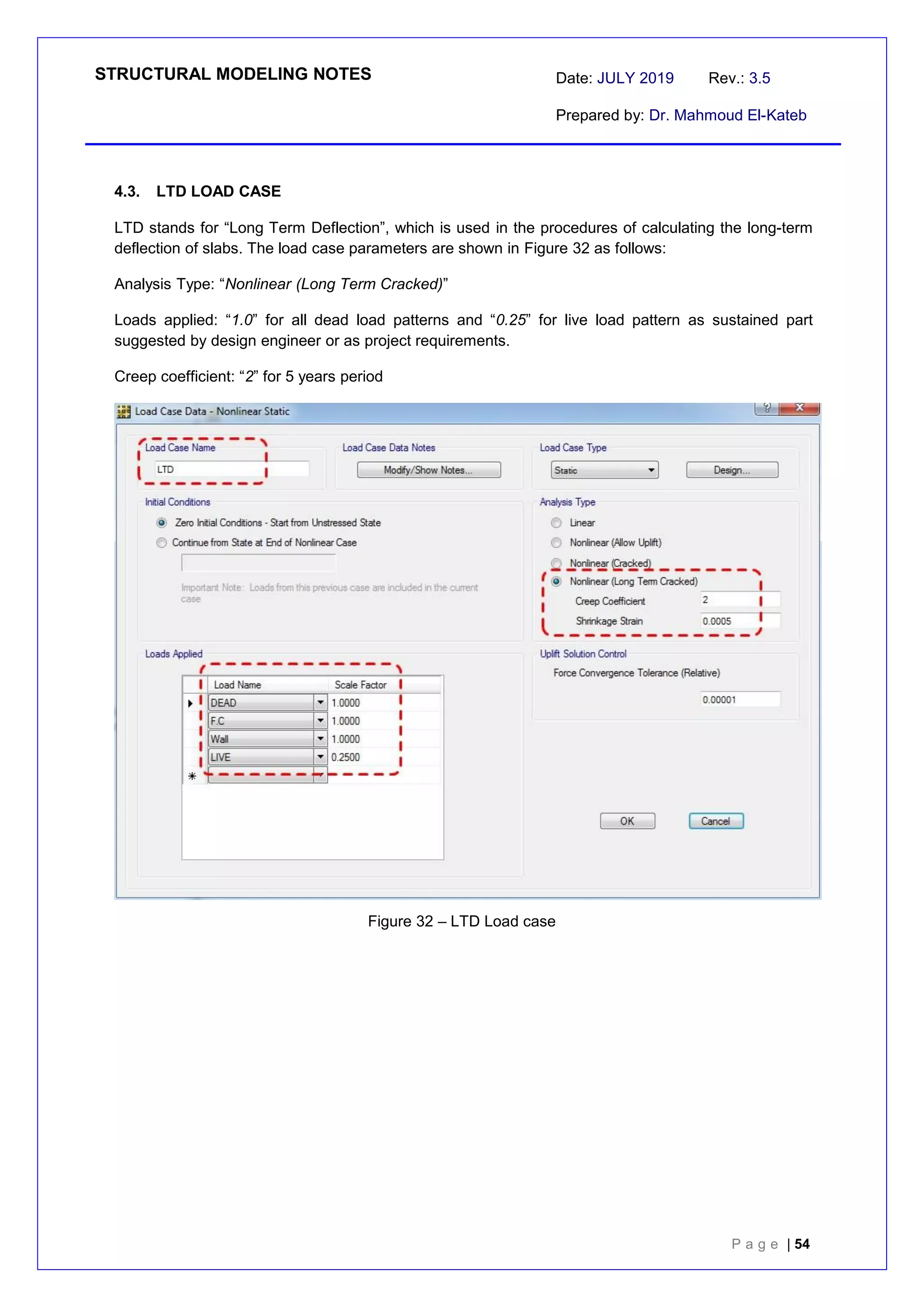 STRUCTURAL MODELING NOTES Date: JULY 2019 Rev.: 3.5
Prepared by: Dr. Mahmoud El-Kateb
P a g e | 54
4.3. LTD LOAD CASE
LTD stands for “Long Term Deflection”, which is used in the procedures of calculating the long-term
deflection of slabs. The load case parameters are shown in Figure 32 as follows:
Analysis Type: “Nonlinear (Long Term Cracked)”
Loads applied: “1.0” for all dead load patterns and “0.25” for live load pattern as sustained part
suggested by design engineer or as project requirements.
Creep coefficient: “2” for 5 years period
Figure 32 – LTD Load case
 