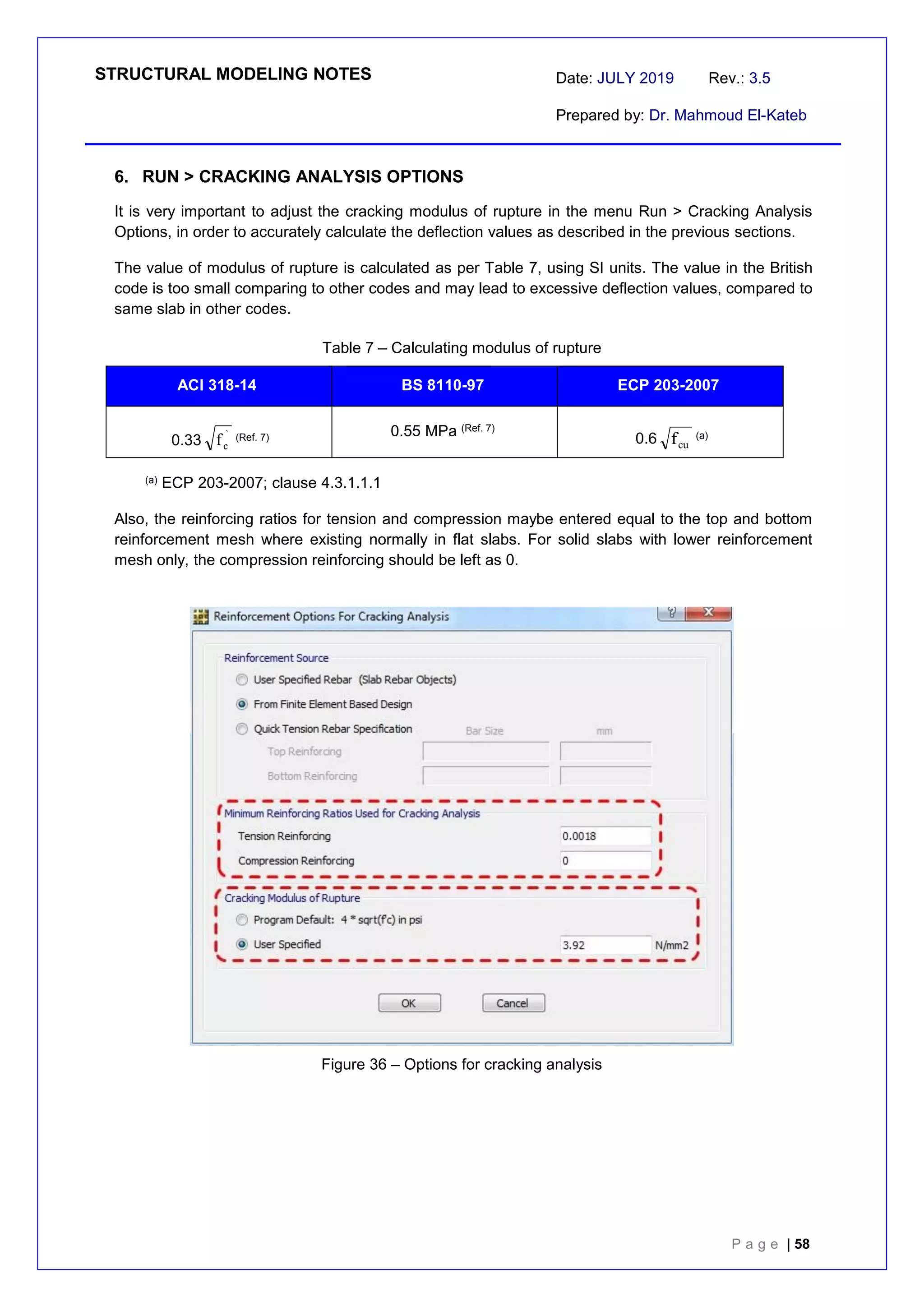 STRUCTURAL MODELING NOTES Date: JULY 2019 Rev.: 3.5
Prepared by: Dr. Mahmoud El-Kateb
P a g e | 58
6. RUN > CRACKING ANALYSIS OPTIONS
It is very important to adjust the cracking modulus of rupture in the menu Run > Cracking Analysis
Options, in order to accurately calculate the deflection values as described in the previous sections.
The value of modulus of rupture is calculated as per Table 7, using SI units. The value in the British
code is too small comparing to other codes and may lead to excessive deflection values, compared to
same slab in other codes.
Table 7 – Calculating modulus of rupture
ACI 318-14 BS 8110-97 ECP 203-2007
0.33
`
c
f (Ref. 7) 0.55 MPa (Ref. 7)
0.6 cu
f (a)
(a) ECP 203-2007; clause 4.3.1.1.1
Also, the reinforcing ratios for tension and compression maybe entered equal to the top and bottom
reinforcement mesh where existing normally in flat slabs. For solid slabs with lower reinforcement
mesh only, the compression reinforcing should be left as 0.
Figure 36 – Options for cracking analysis
 
