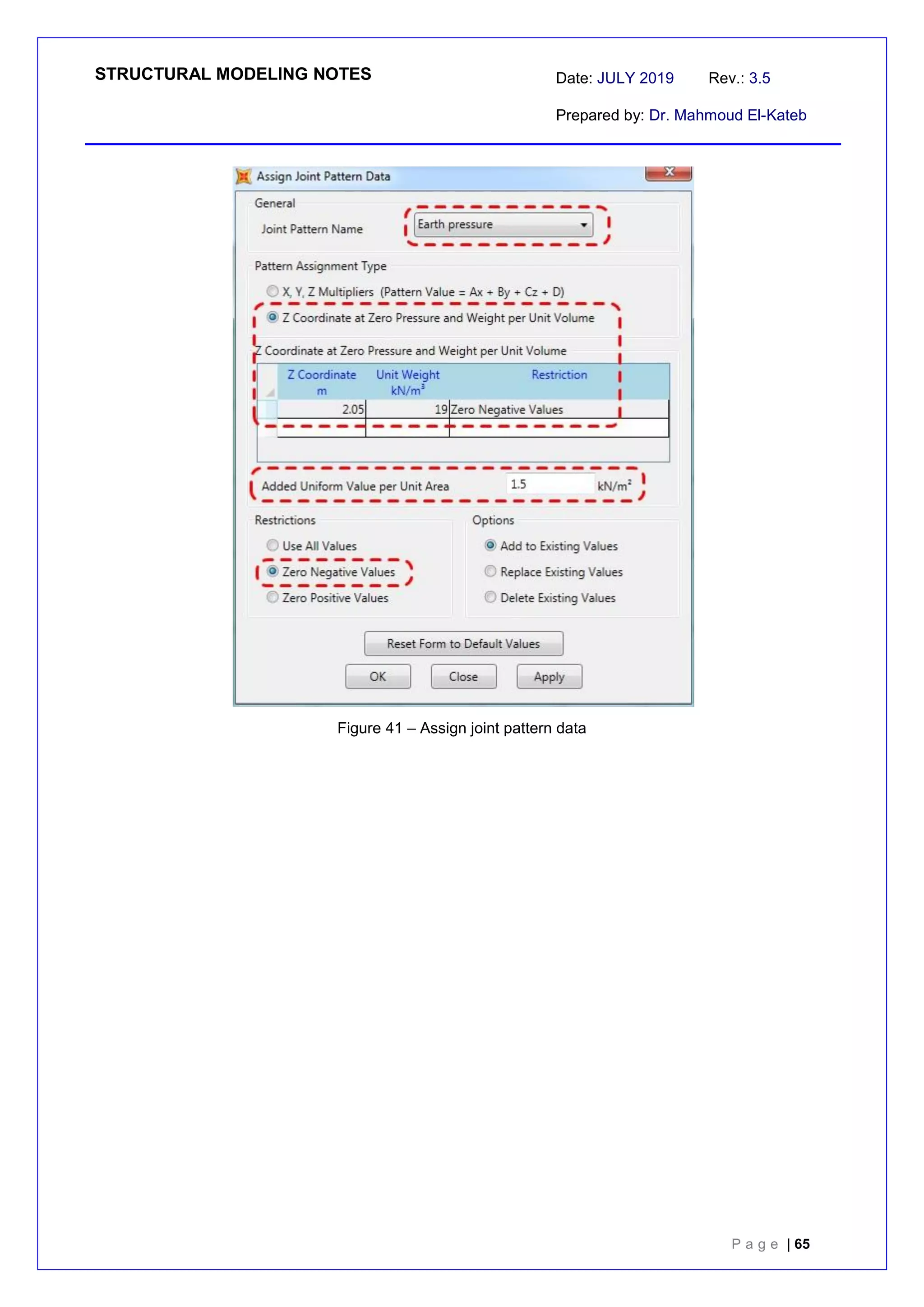STRUCTURAL MODELING NOTES Date: JULY 2019 Rev.: 3.5
Prepared by: Dr. Mahmoud El-Kateb
P a g e | 65
Figure 41 – Assign joint pattern data
 