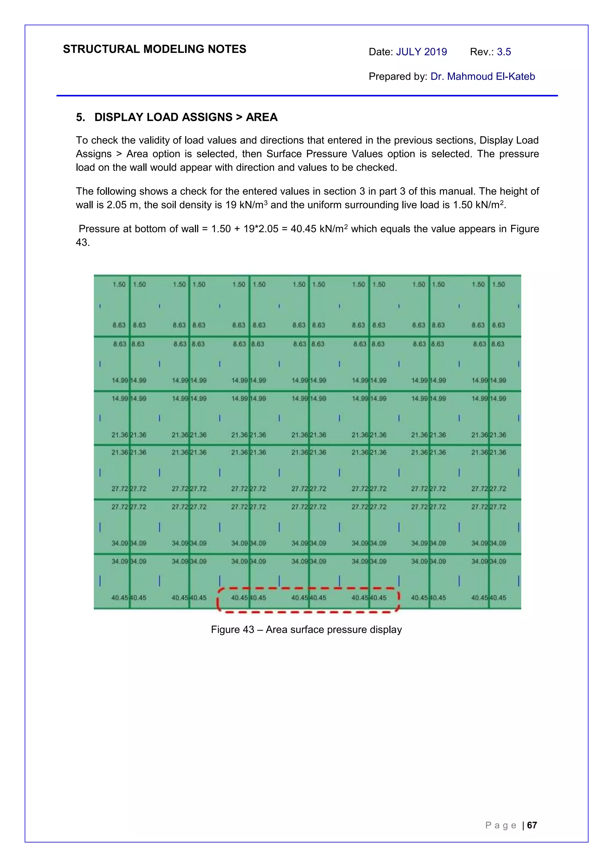 STRUCTURAL MODELING NOTES Date: JULY 2019 Rev.: 3.5
Prepared by: Dr. Mahmoud El-Kateb
P a g e | 67
5. DISPLAY LOAD ASSIGNS > AREA
To check the validity of load values and directions that entered in the previous sections, Display Load
Assigns > Area option is selected, then Surface Pressure Values option is selected. The pressure
load on the wall would appear with direction and values to be checked.
The following shows a check for the entered values in section 3 in part 3 of this manual. The height of
wall is 2.05 m, the soil density is 19 kN/m3 and the uniform surrounding live load is 1.50 kN/m2.
Pressure at bottom of wall = 1.50 + 19*2.05 = 40.45 kN/m2 which equals the value appears in Figure
43.
Figure 43 – Area surface pressure display
 