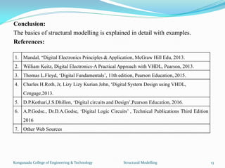 Conclusion:
The basics of structural modelling is explained in detail with examples.
References:
1. Mandal, “Digital Electronics Principles & Application, McGraw Hill Edu, 2013.
2. William Keitz, Digital Electronics-A Practical Approach with VHDL, Pearson, 2013.
3. Thomas L.Floyd, ‘Digital Fundamentals’, 11th edition, Pearson Education, 2015.
4. Charles H.Roth, Jr, Lizy Lizy Kurian John, ‘Digital System Design using VHDL,
Cengage,2013.
5. D.P.Kothari,J.S.Dhillon, ‘Digital circuits and Design’,Pearson Education, 2016.
6. A.P.Godse., Dr.D.A.Godse, ‘Digital Logic Circuits’ , Technical Publications Third Edition
2016
7. Other Web Sources
Kongunadu College of Engineering & Technology Structural Modelling 13
 