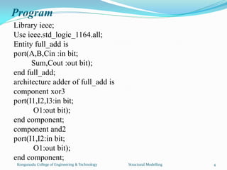 Program
Library ieee;
Use ieee.std_logic_1164.all;
Entity full_add is
port(A,B,Cin :in bit;
Sum,Cout :out bit);
end full_add;
architecture adder of full_add is
component xor3
port(I1,I2,I3:in bit;
O1:out bit);
end component;
component and2
port(I1,I2:in bit;
O1:out bit);
end component;
Kongunadu College of Engineering & Technology Structural Modelling 4
 