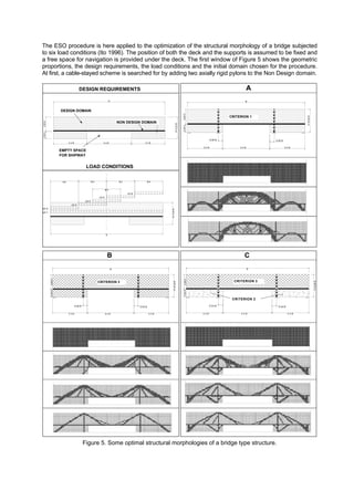 The ESO procedure is here applied to the optimization of the structural morphology of a bridge subjected
to six load conditions (Ito 1996). The position of both the deck and the supports is assumed to be fixed and
a free space for navigation is provided under the deck. The first window of Figure 5 shows the geometric
proportions, the design requirements, the load conditions and the initial domain chosen for the procedure.
At first, a cable-stayed scheme is searched for by adding two axially rigid pylons to the Non Design domain.
DESIGN REQUIREMENTS
LOAD CONDITIONS
B/4 B/4 B/4 B/4
B/4
LC 1
LC 2
LC 3
LC 4
LC 5
LC 6
B
H=0.22B
B
H=0.22B
0.3 B 0.4 B 0.3 B
0.35H0.65B
t
DESIGN DOMAIN
NON DESIGN DOMAIN
EMPTY SPACE
FOR SHIPWAY
A
B
H=0.22B
0.3 B 0.4 B 0.3 B
0.35H0.65H
0.04 B 0.04 B
CRITERION 1
B
B
H=0.22B
0.3 B 0.4 B 0.3 B
0.35H0.65H
0.04 B 0.04 B
CRITERION 3
C
B
H=0.22B
0.3 B 0.4 B 0.3 B
0.35H0.65H
0.04 B 0.04 B
CRITERION 3
CRITERION 2
Figure 5. Some optimal structural morphologies of a bridge type structure.
 