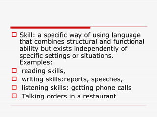 Skill: a specific way of using language that combines structural and functional ability but exists independently of specific settings or situations. Examples: reading skills, writing skills:reports, speeches, listening skills: getting phone calls Talking orders in a restaurant 