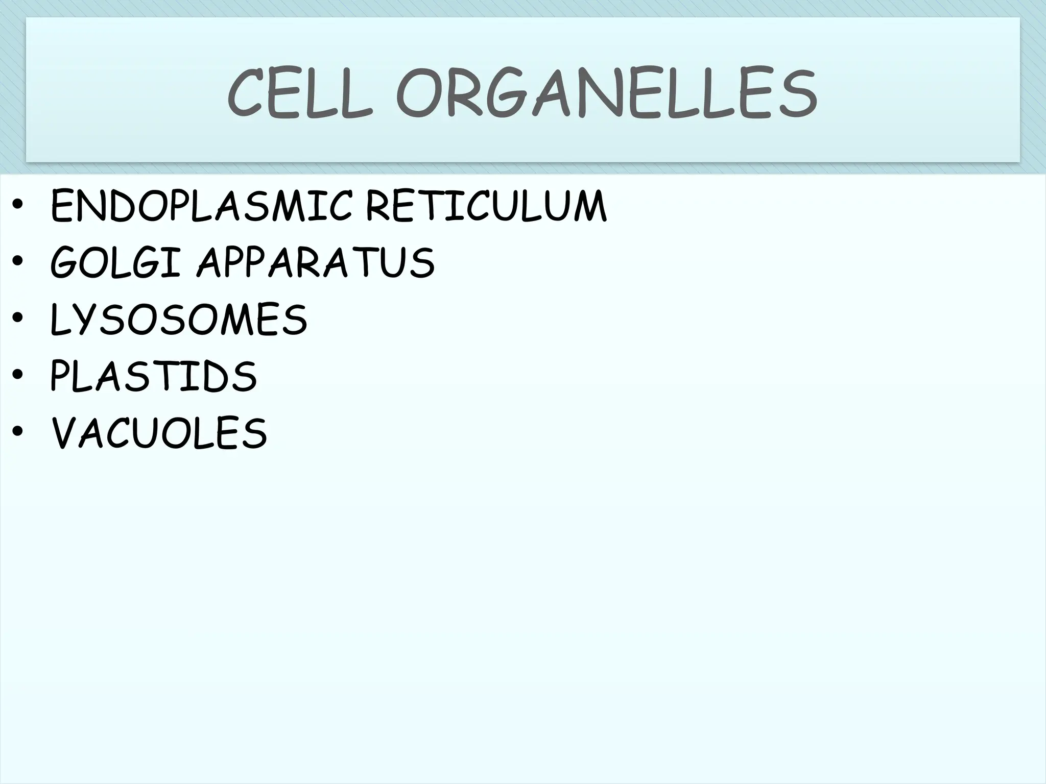 CELL ORGANELLES
• ENDOPLASMIC RETICULUM
• GOLGI APPARATUS
• LYSOSOMES
• PLASTIDS
• VACUOLES
 