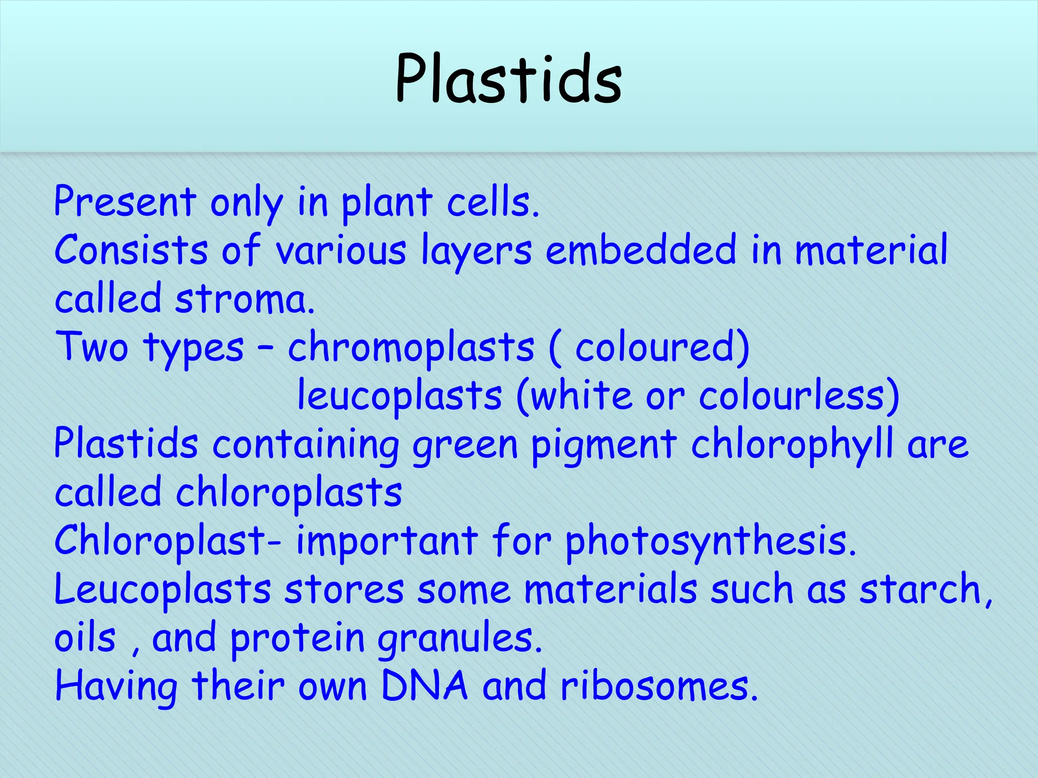 Chloroplasts (plant cells)
Present only in plant cells.
Consists of various layers embedded in material
called stroma.
Two types – chromoplasts ( coloured)
leucoplasts (white or colourless)
Plastids containing green pigment chlorophyll are
called chloroplasts
Chloroplast- important for photosynthesis.
Leucoplasts stores some materials such as starch,
oils , and protein granules.
Having their own DNA and ribosomes.
Plastids
 