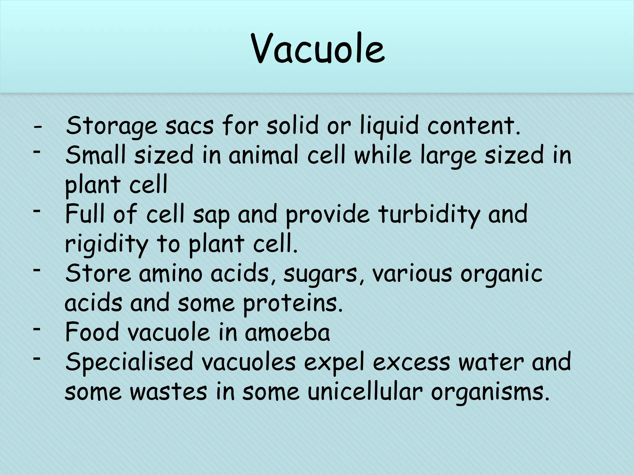 Vacuole (plant cells)
- Storage sacs for solid or liquid content.
- Small sized in animal cell while large sized in
plant cell
- Full of cell sap and provide turbidity and
rigidity to plant cell.
- Store amino acids, sugars, various organic
acids and some proteins.
- Food vacuole in amoeba
- Specialised vacuoles expel excess water and
some wastes in some unicellular organisms.
Vacuole
 