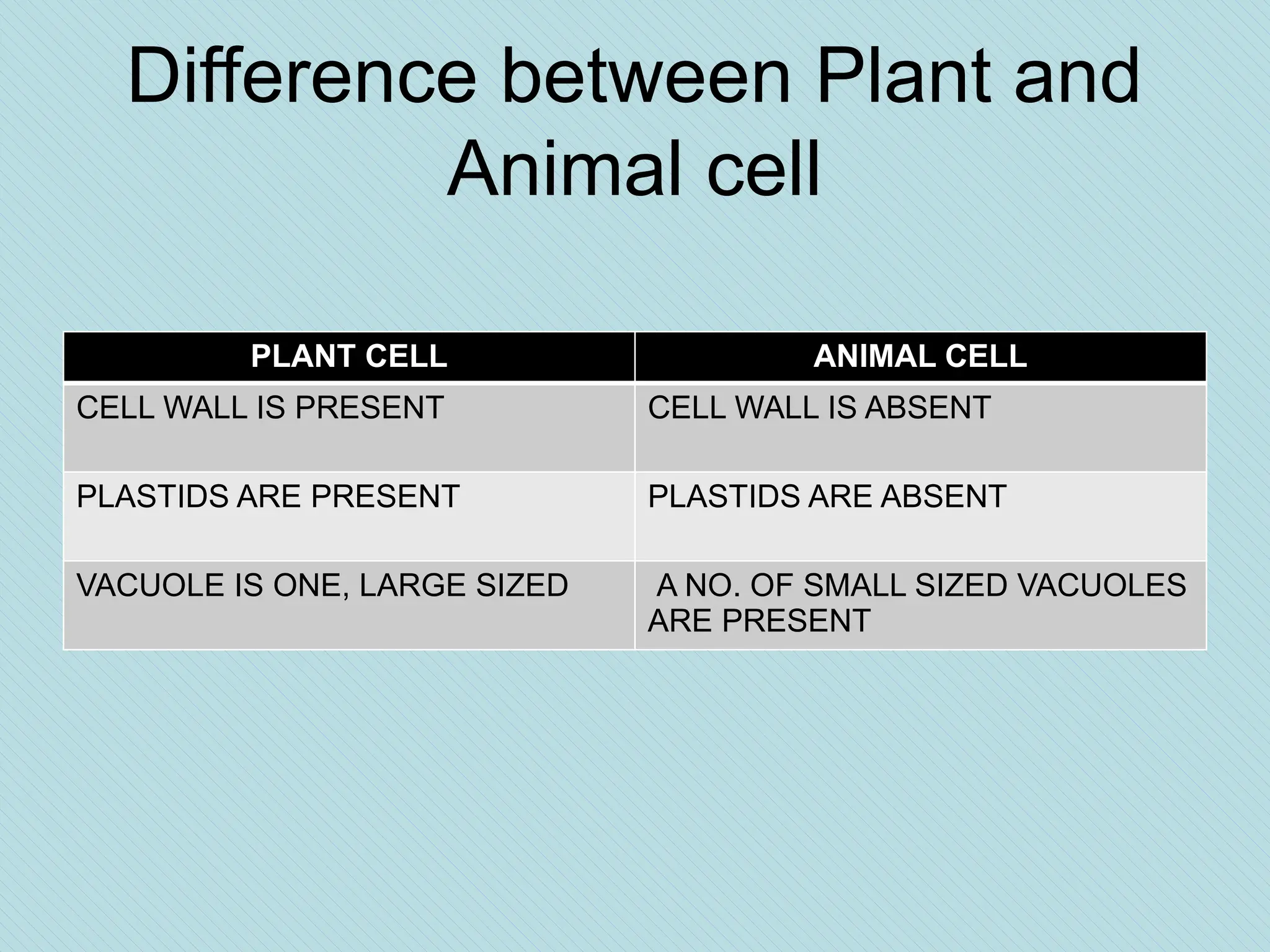 Difference between Plant and
Animal cell
PLANT CELL ANIMAL CELL
CELL WALL IS PRESENT CELL WALL IS ABSENT
PLASTIDS ARE PRESENT PLASTIDS ARE ABSENT
VACUOLE IS ONE, LARGE SIZED A NO. OF SMALL SIZED VACUOLES
ARE PRESENT
 