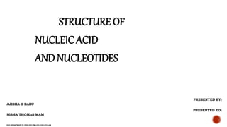 STRUCTURE OF
NUCLEIC ACID
AND NUCLEOTIDES
PRESENTED BY:
AJISHA S BABU
PRESENTED TO:
NISHA THOMAS MAM
HOD DEPARTMENT OF ZOOLOGY FMN COLLEGE KOLLAM
 