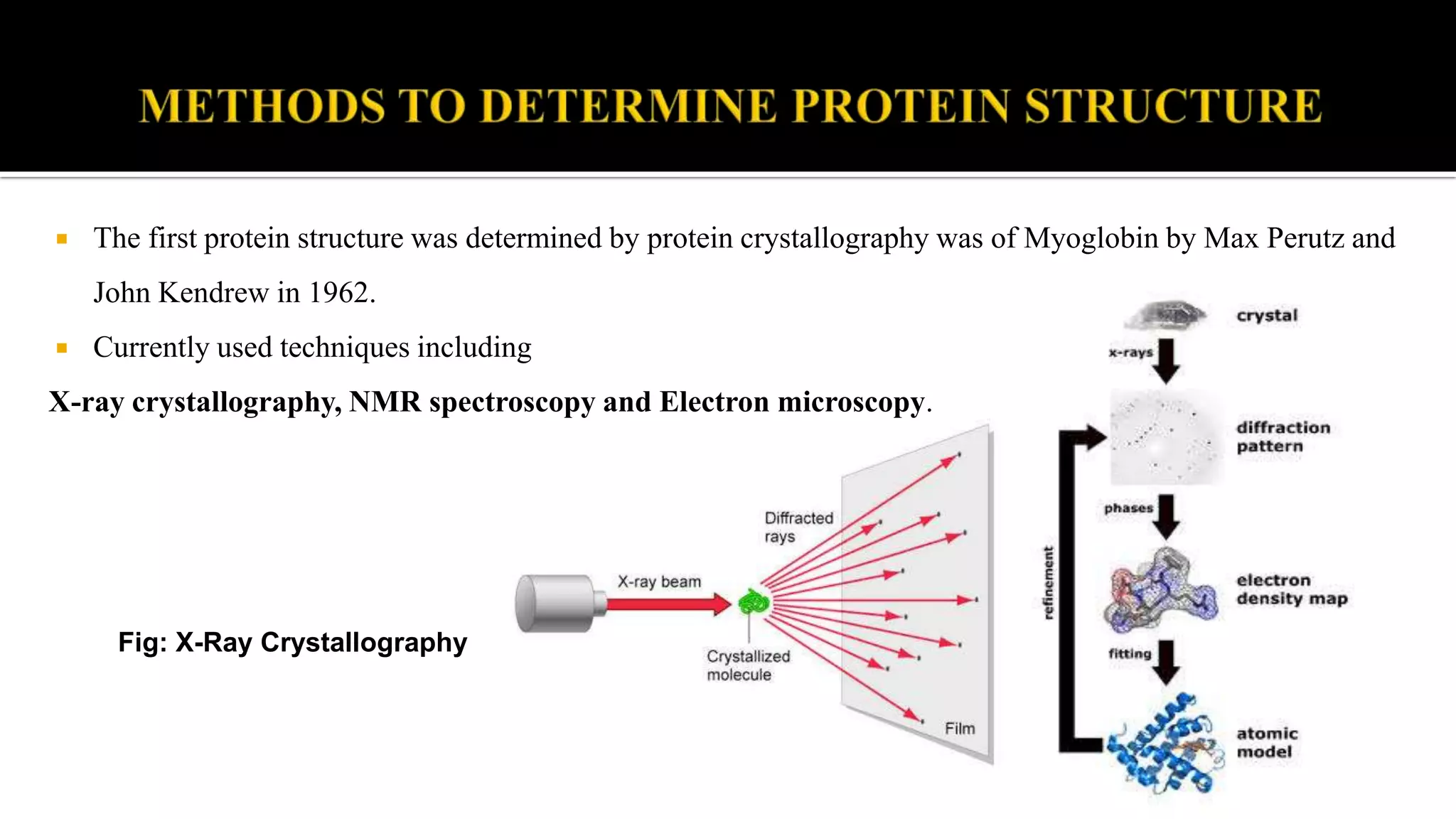  The first protein structure was determined by protein crystallography was of Myoglobin by Max Perutz and
John Kendrew in 1962.
 Currently used techniques including
X-ray crystallography, NMR spectroscopy and Electron microscopy.
Fig: X-Ray Crystallography
 