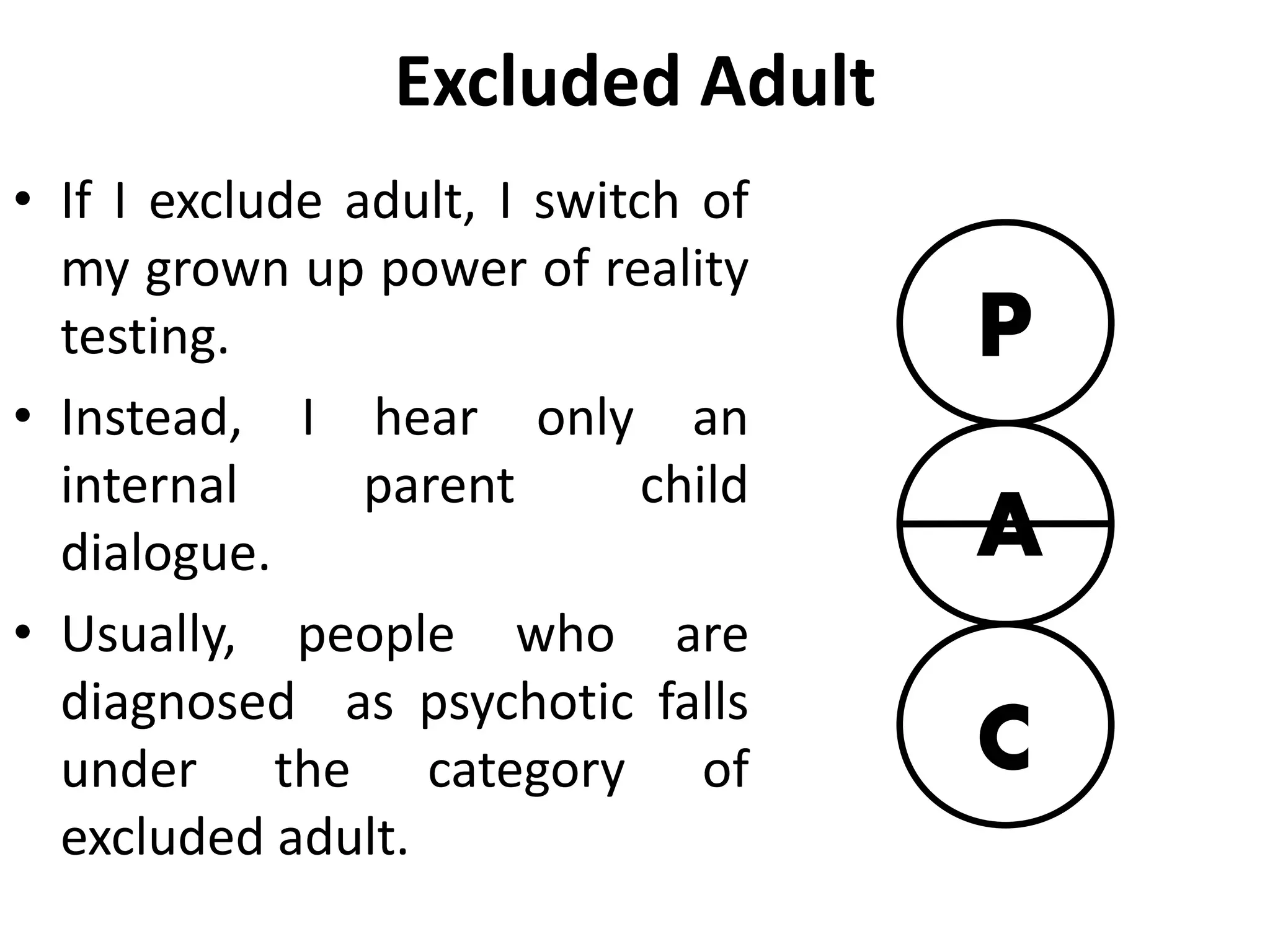 Excluded Parent
• People who have excluded
parents will operate with no
ready made rules about the
world.
• Instead, they made their own
rules afresh in every
situation.
• Politicians, mafia bosses etc
fall into this category of
excluded parent.
0
P
A
C
 