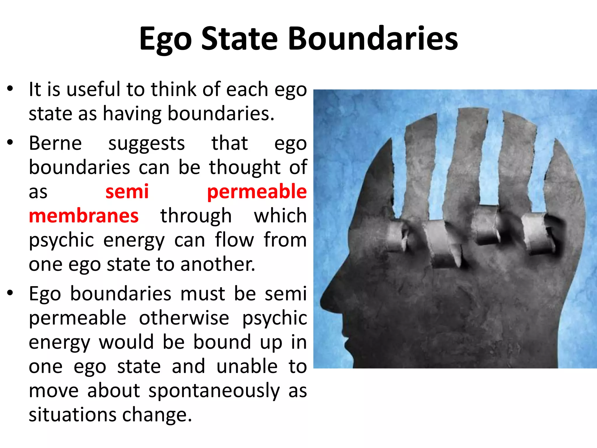 Ego State Boundaries
• A person’s sense of real
self can be experienced
in any of the ego states,
depending on where the
psychic energy resides at
that particular time.
• When the sense of real
self is experienced in one
ego state, the others may
be inactive. However, the
others are always there
and have the potential to
become active.
 