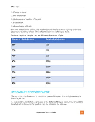 31 | P a g e
SAQIB IMRAN 0341-7549889 31
1. Punching shear.
2. Pile anchorage.
3. Shrinkage and swelling of the soil.
4. Frost attack.
5. Groundwater table etc.
But from all the above criteria, the most important criteria is shear capacity of the pile
(Beam and punching shear) which affect the selection of the pile depth.
Suitable depth of the pile cap for different diameters of pile:
Diameter of pile (in mm) Depth of pile (in mm)
300 700
350 800
400 900
450 1000
500 1100
550 1200
600 1400
750 1800
SECONDARY REINFORCEMENT:
The secondary reinforcement is provided to prevent the piles from splaying outwards
from the pile cap.
1. This reinforcement shall be provided at the bottom of the pile cap running around the
longitudinal reinforcement projecting from the piles into the pile cap.
 